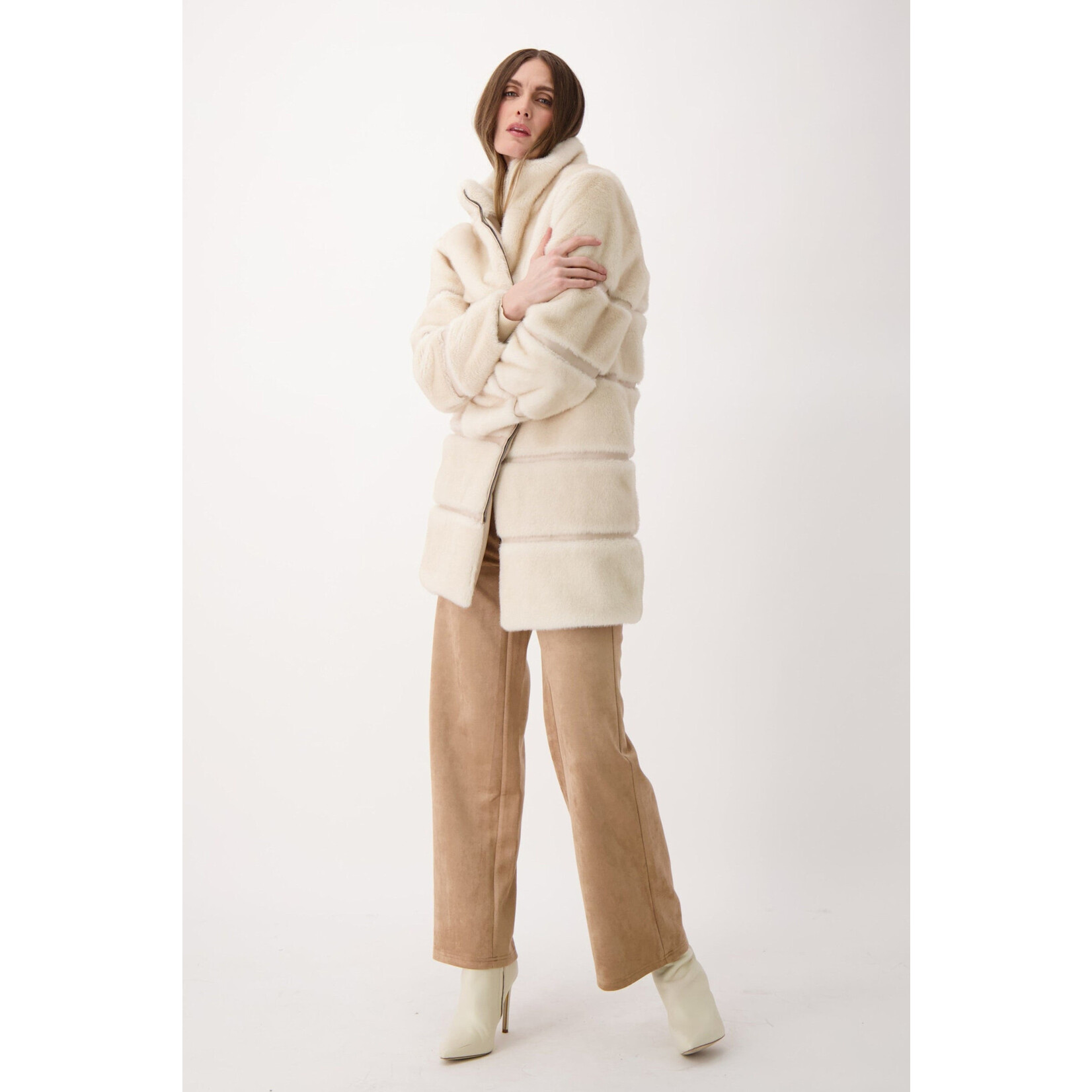 Faux Fur Jacket w/ Pu Inserts in Ivory
