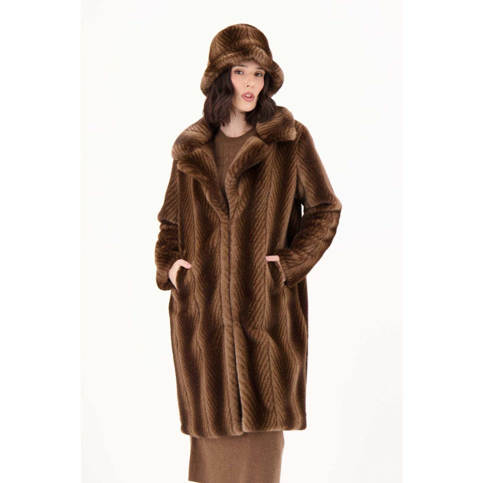 Herringbone Faux Fur Long Coat in Bark