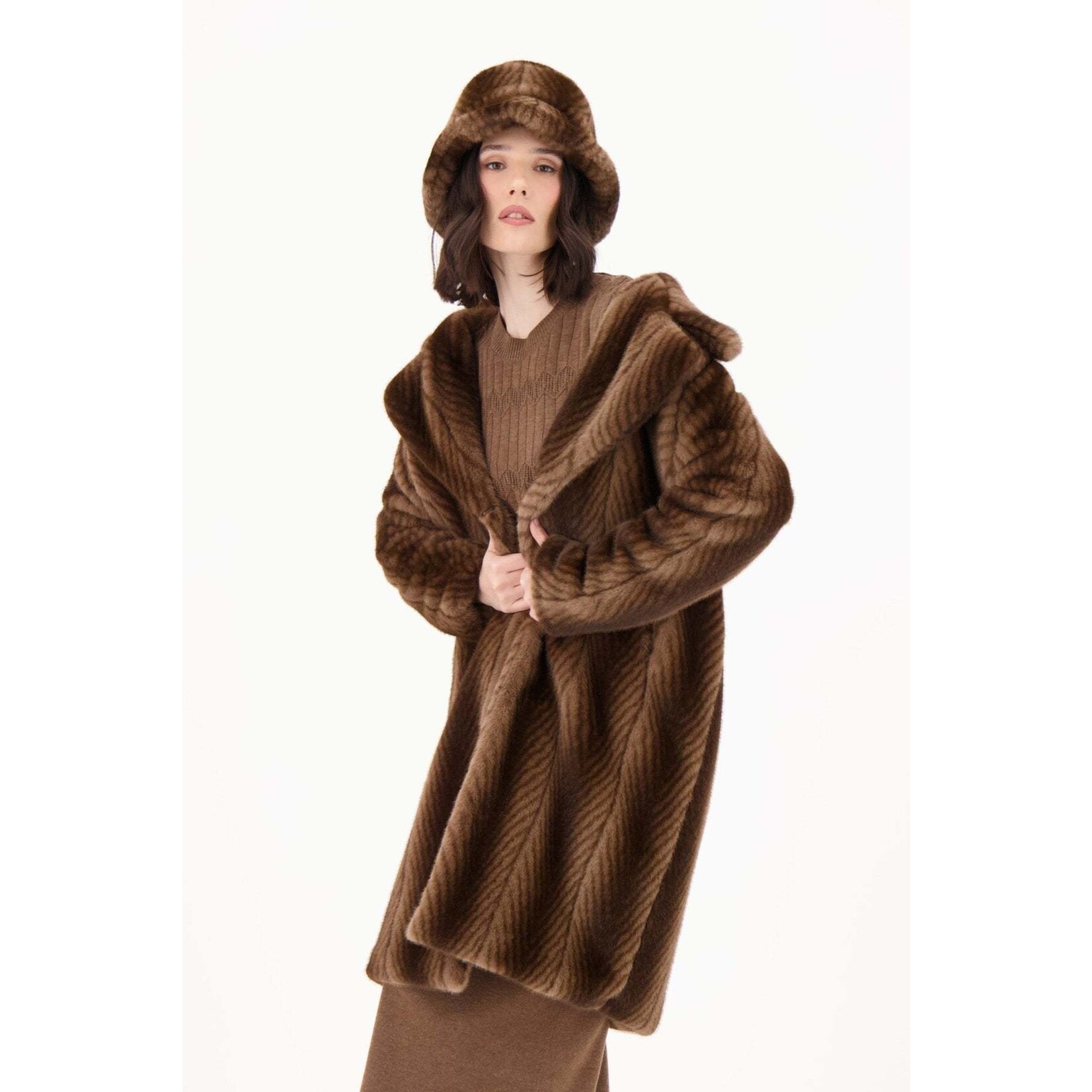 Herringbone Faux Fur Long Coat in Bark