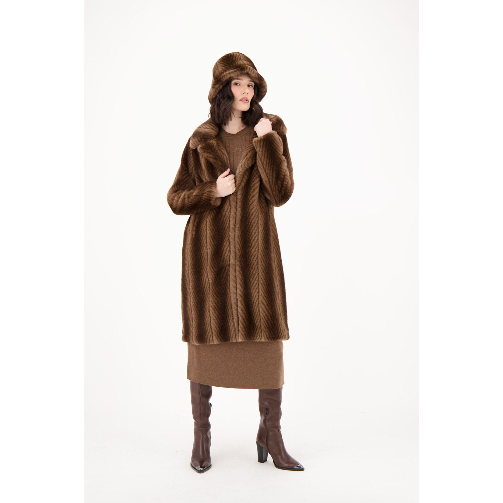 Herringbone Faux Fur Long Coat in Bark