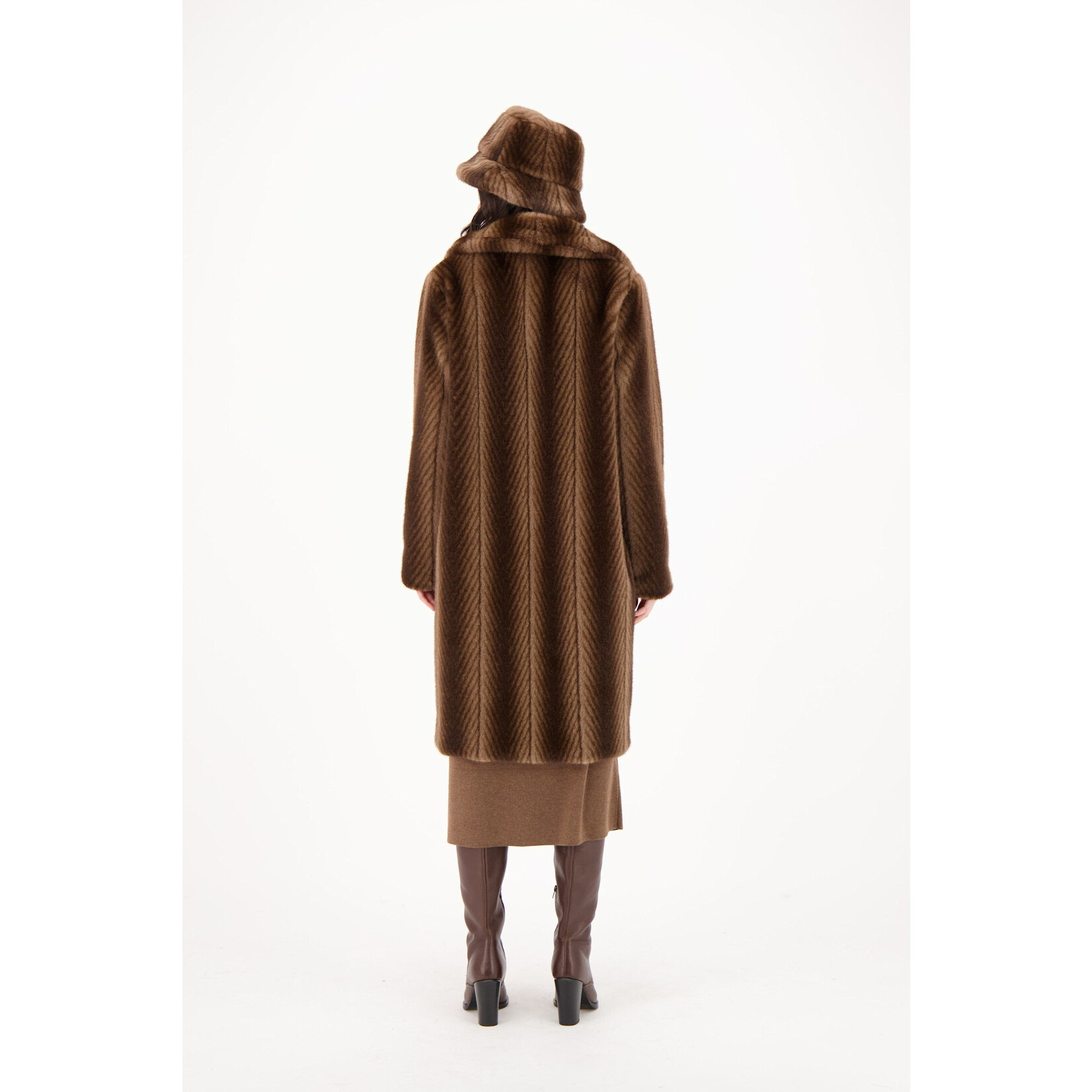 Herringbone Faux Fur Long Coat in Bark