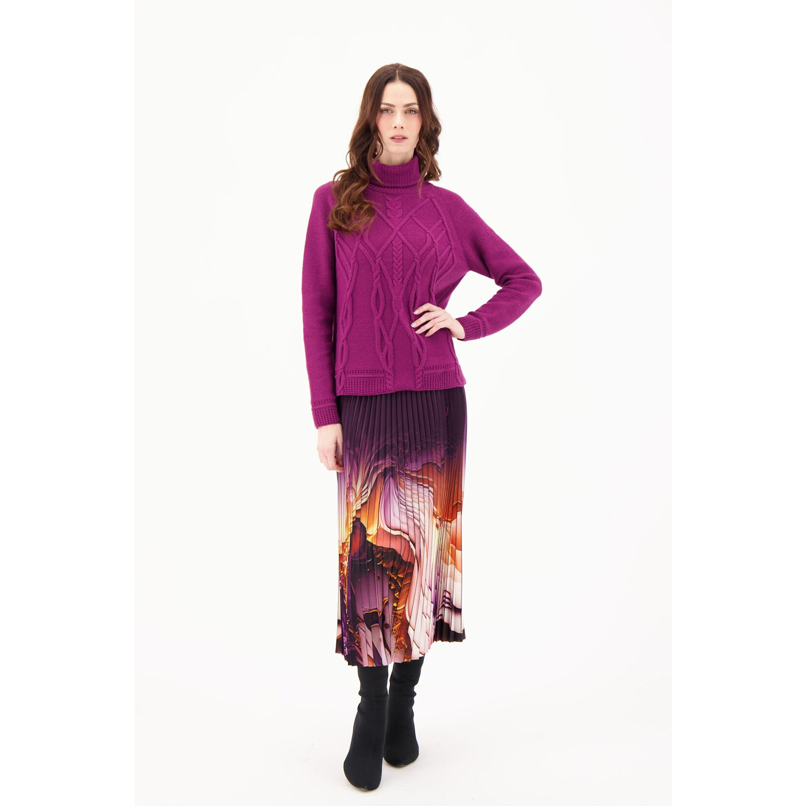 Turtleneck Cableknit Sweater in Purple
