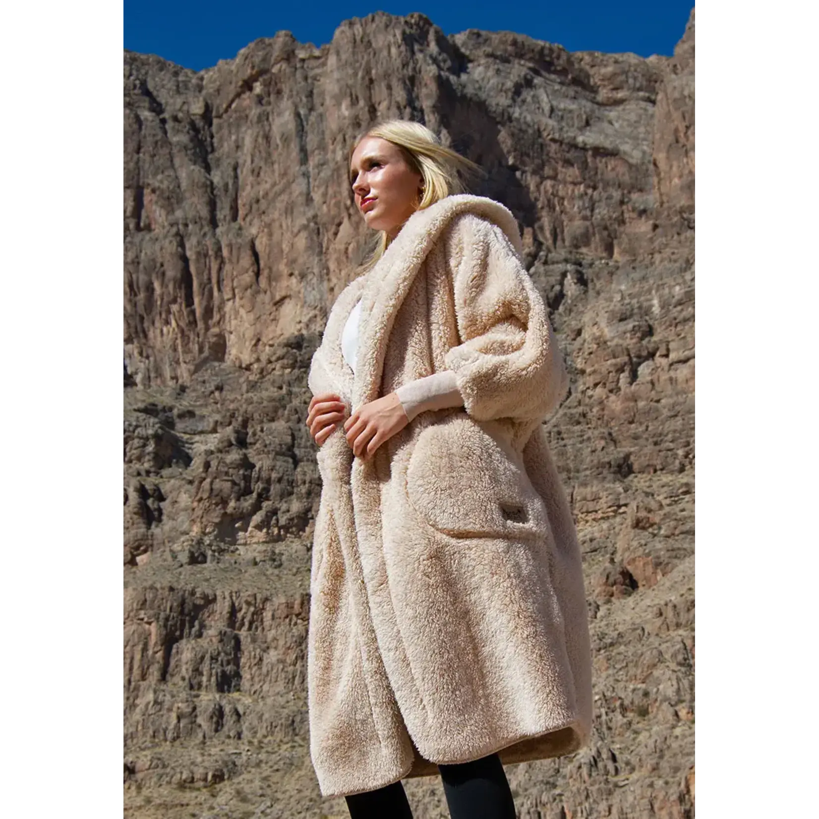 Nordic Beach Long Fuzzy Fleece Hooded Cardigan in Fluffy Frappe