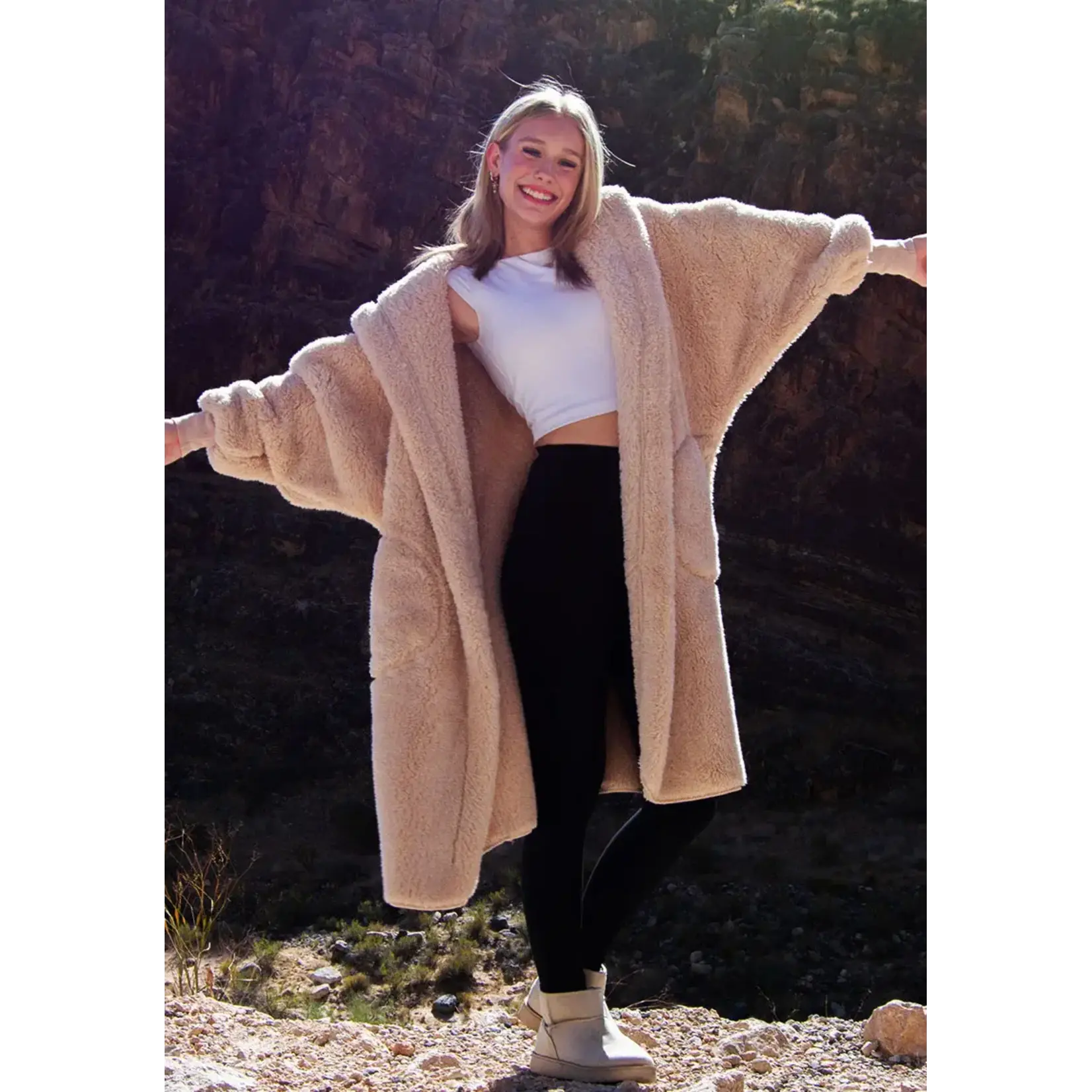 Nordic Beach Long Fuzzy Fleece Hooded Cardigan in Fluffy Frappe