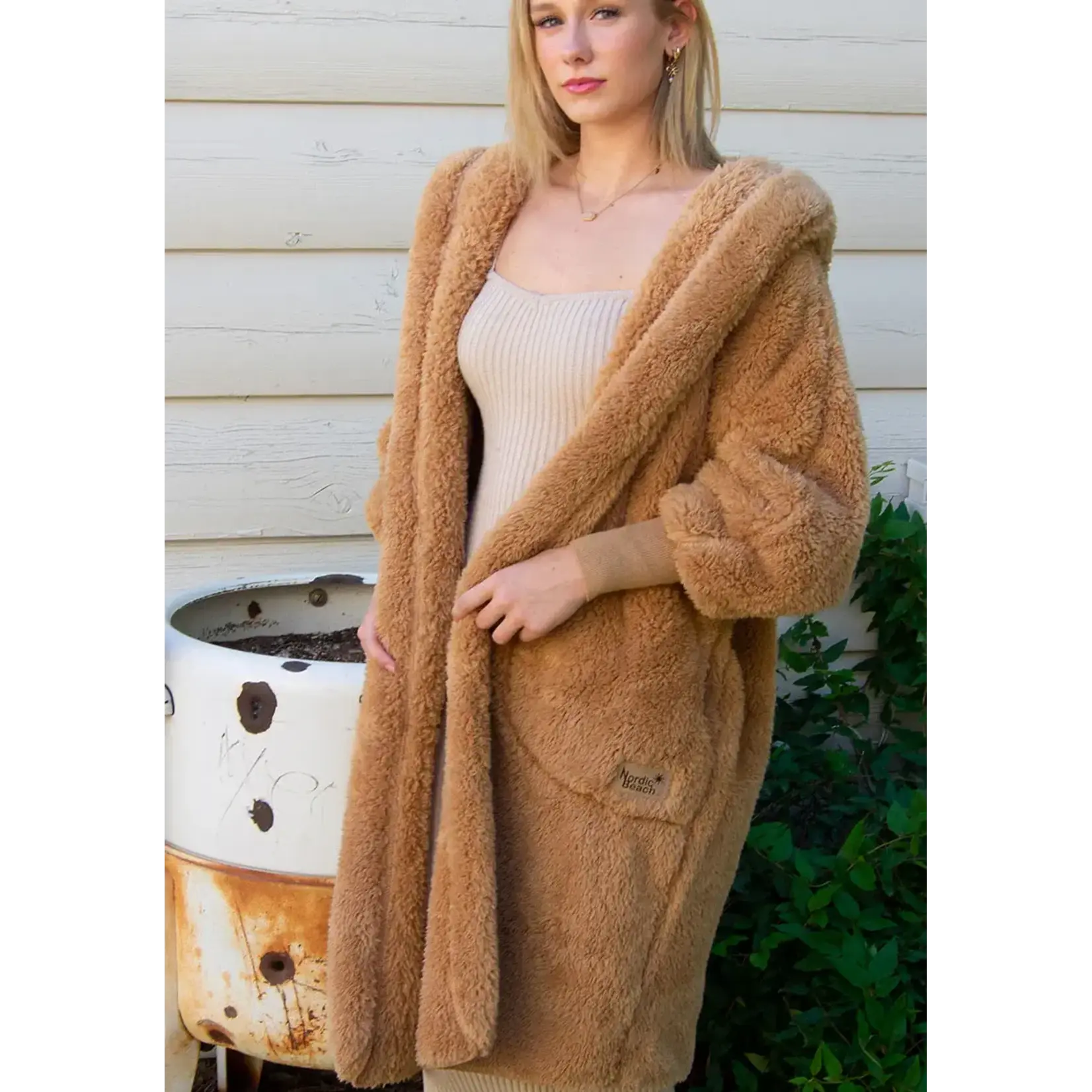 Nordic Beach Long Fuzzy Fleece Hooded Cardigan in Cafe Latte