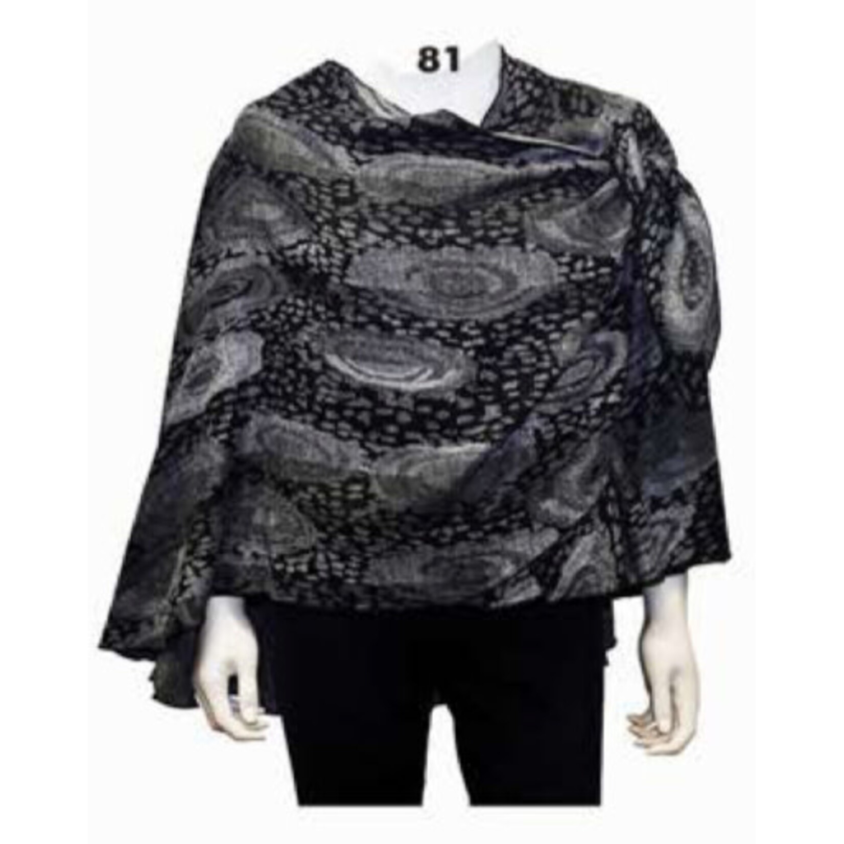Rapti Cashmere Shawl w/ Pull Thru Shoulder Tab - Blk Gray Oval & Dots