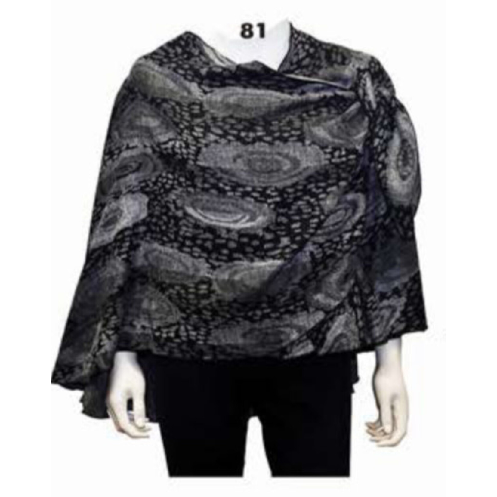 Rapti Cashmere Shawl w/ Pull Thru Shoulder Tab - Blk Gray Oval & Dots