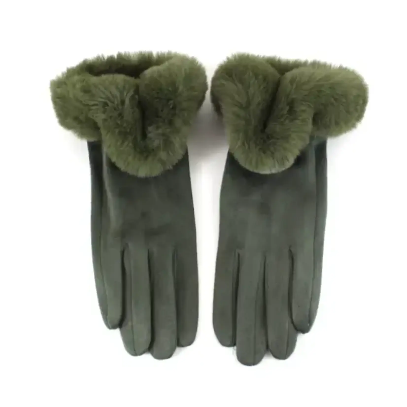 Pretty Persuasions Faux Fur Trim Velvet Like Gloves in Olive