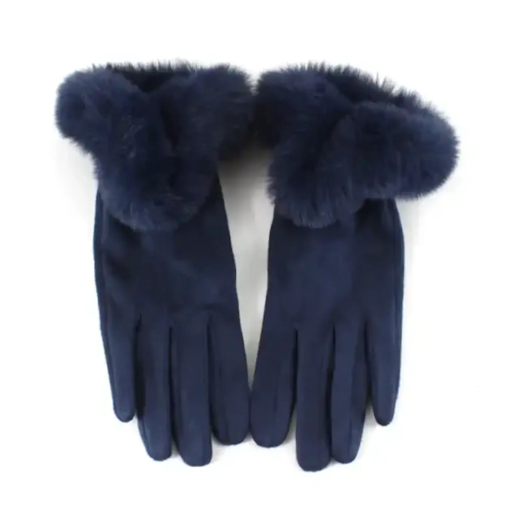 Pretty Persuasions Faux Fur Trim Velvet Like Gloves in Navy