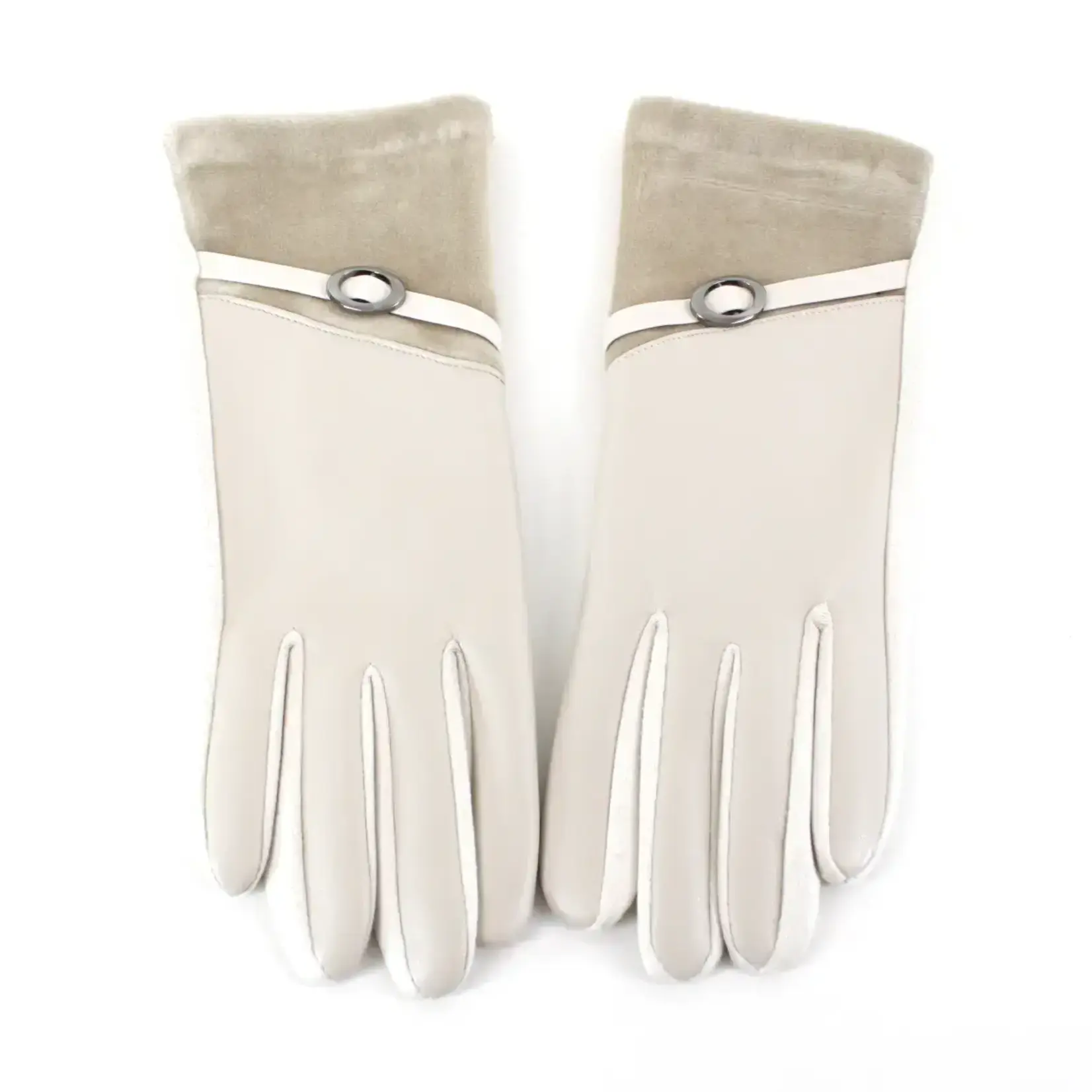 Pretty Persuasions Velvet Trim Faux Leather Text Gloves In Beige