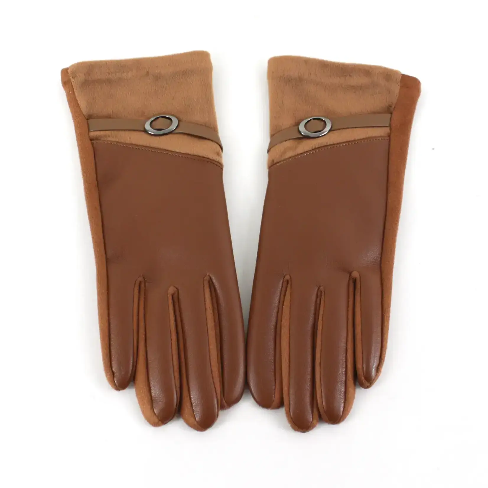Pretty Persuasions Velvet Trim Faux Leather Text Gloves In Brown