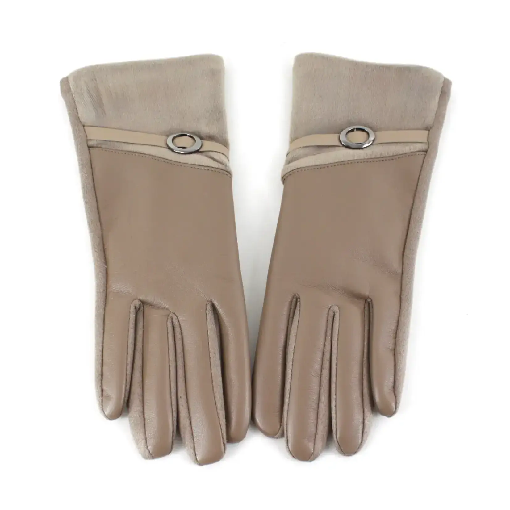 Pretty Persuasions Velvet Trim Faux Leather Text Gloves In Khaki