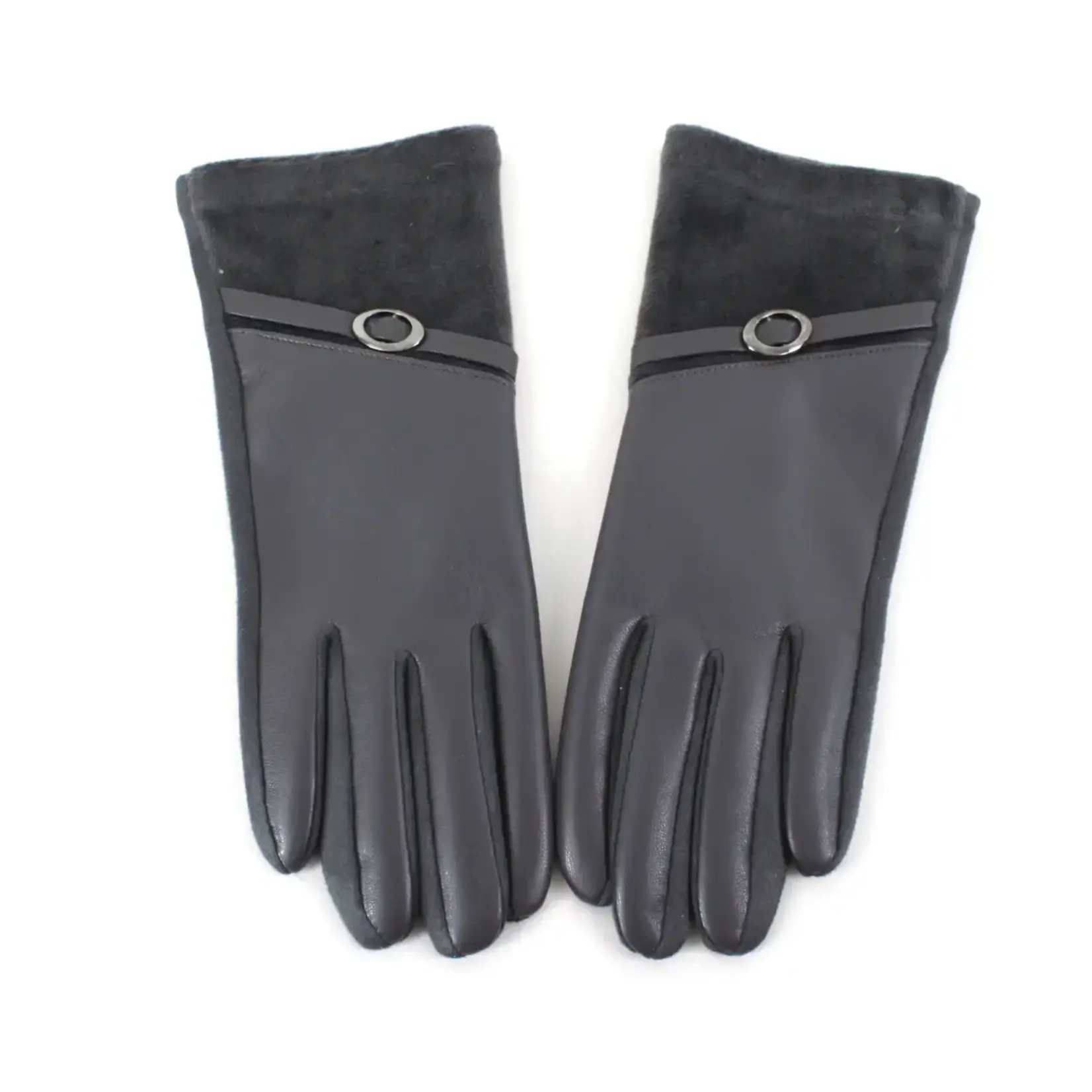 Pretty Persuasions Velvet Trim Faux Leather Text Gloves In Grey