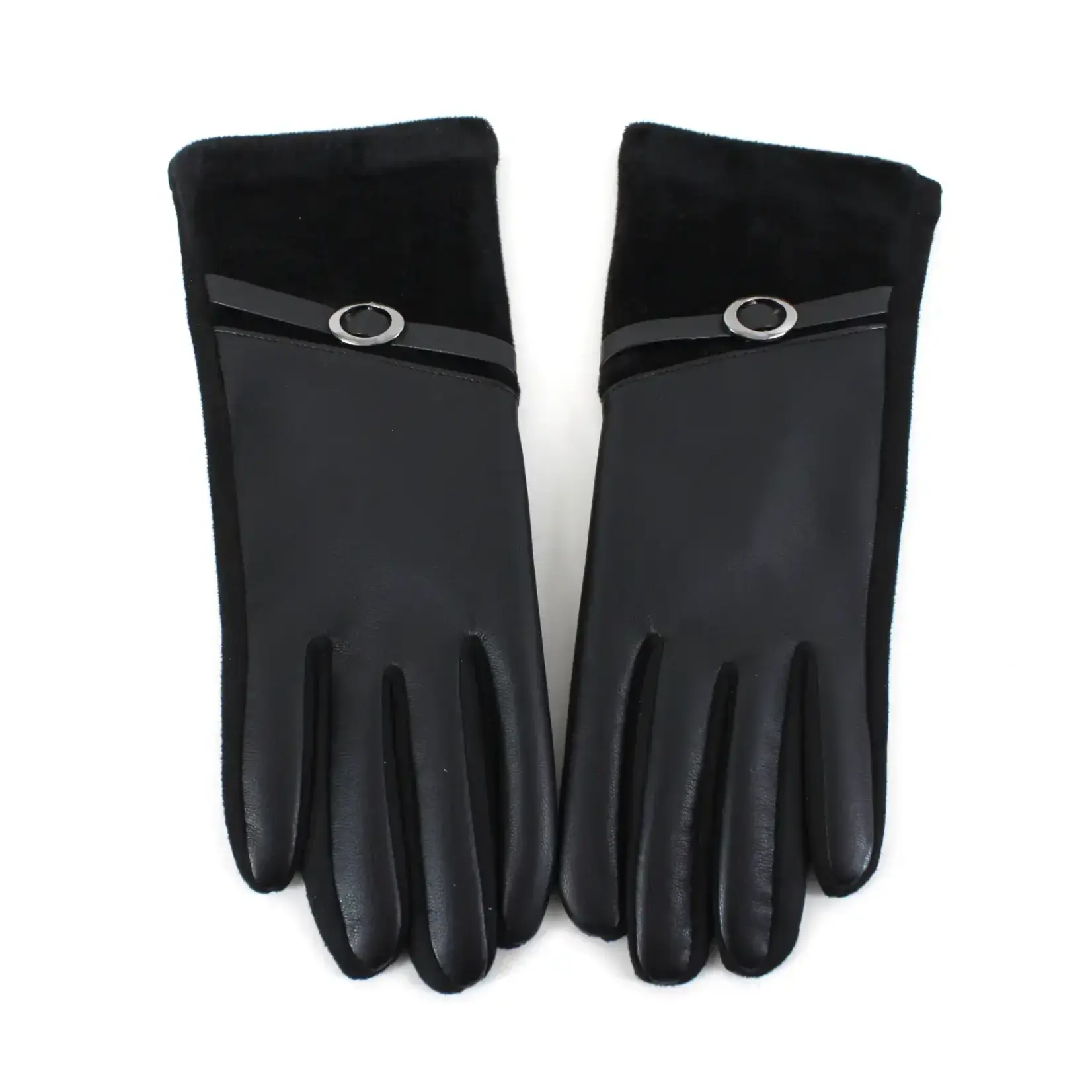 Pretty Persuasions Velvet Trim Faux Leather Text Gloves In Black