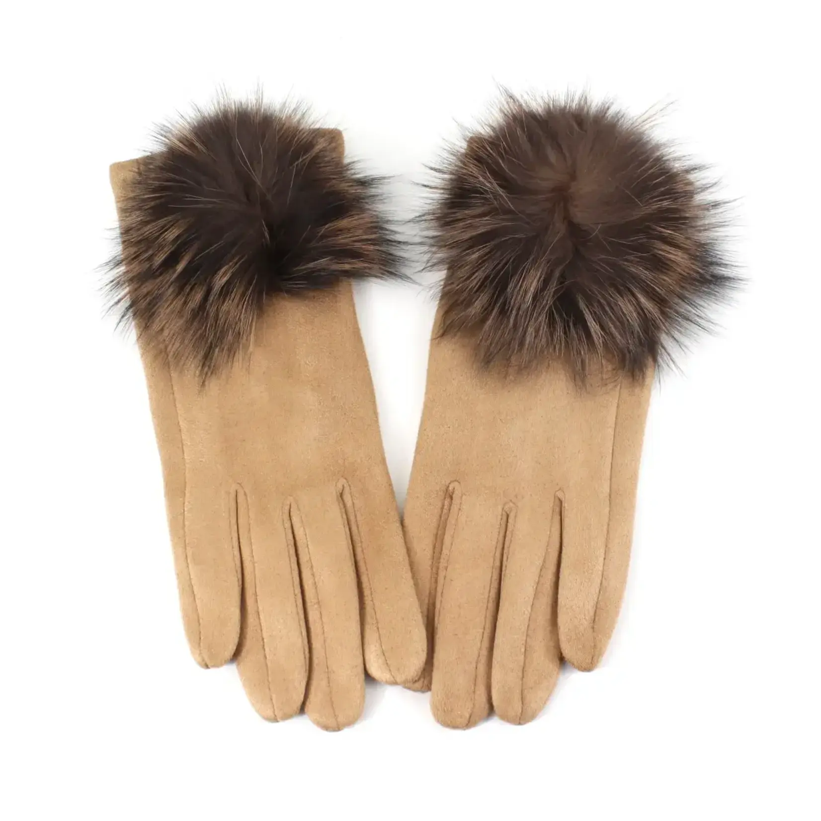 Pretty Persuasions Faux Fur Pom Pom Gloves in Camel