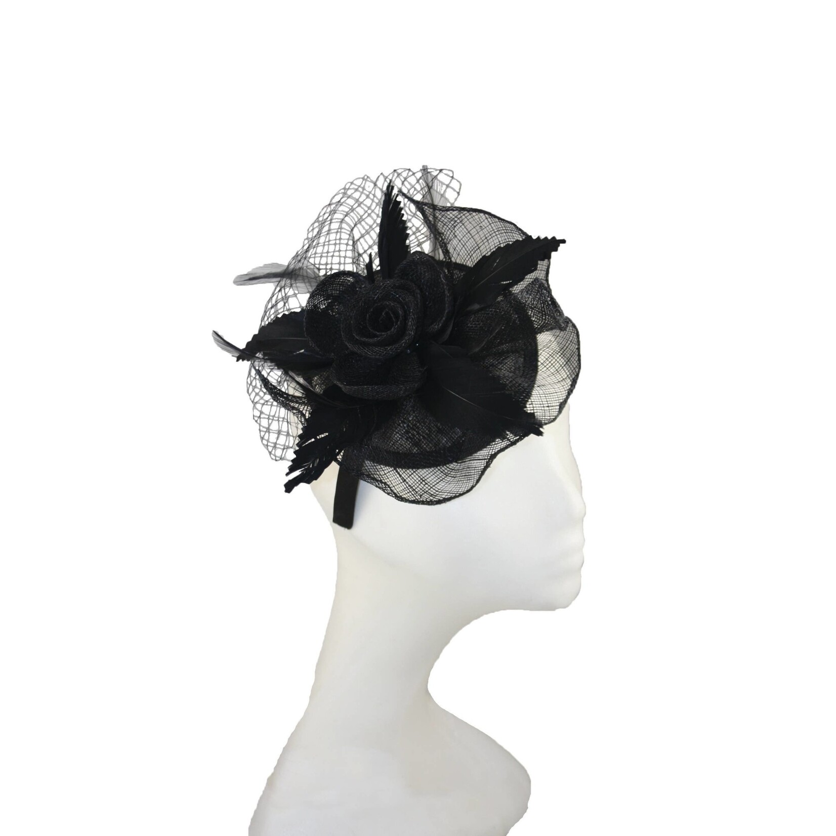 Jeanne Simmons Fascinator Headband W/Blk Netting and Flower on Small Sinamay Blk Disc