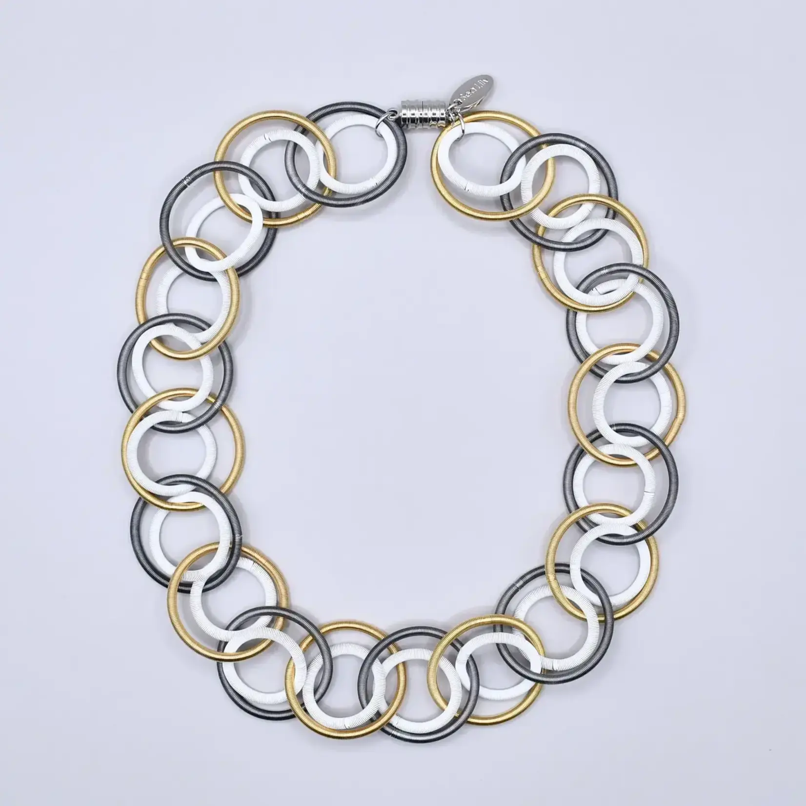 Sea Lily Bright Gold, Slate, and White Thick Rings PW Necklace