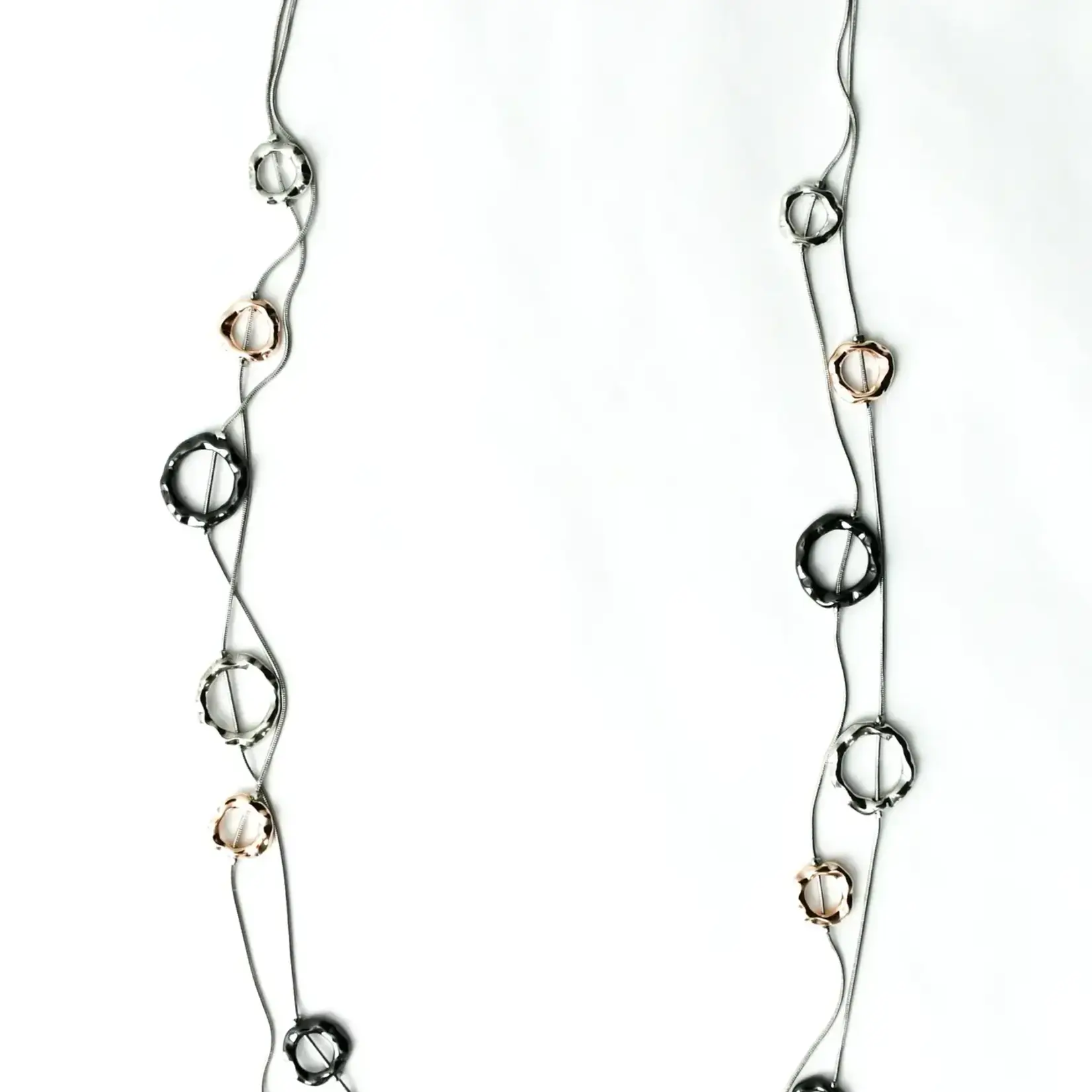 Sea Lily Long Steel Necklace with Bronze, Silver, and Slate Rings