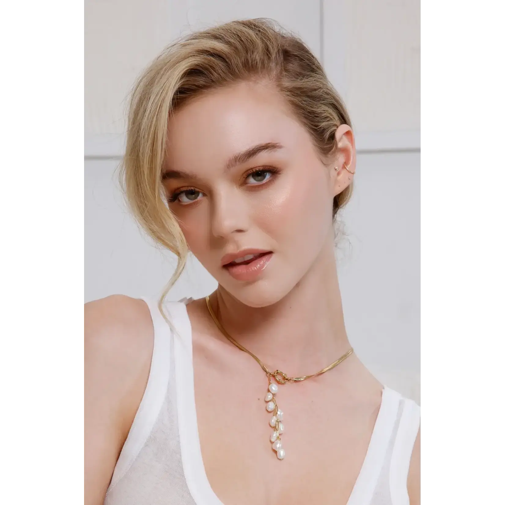 Sea Lily Gold Snake Chain with Cascading Freshwater Pearls