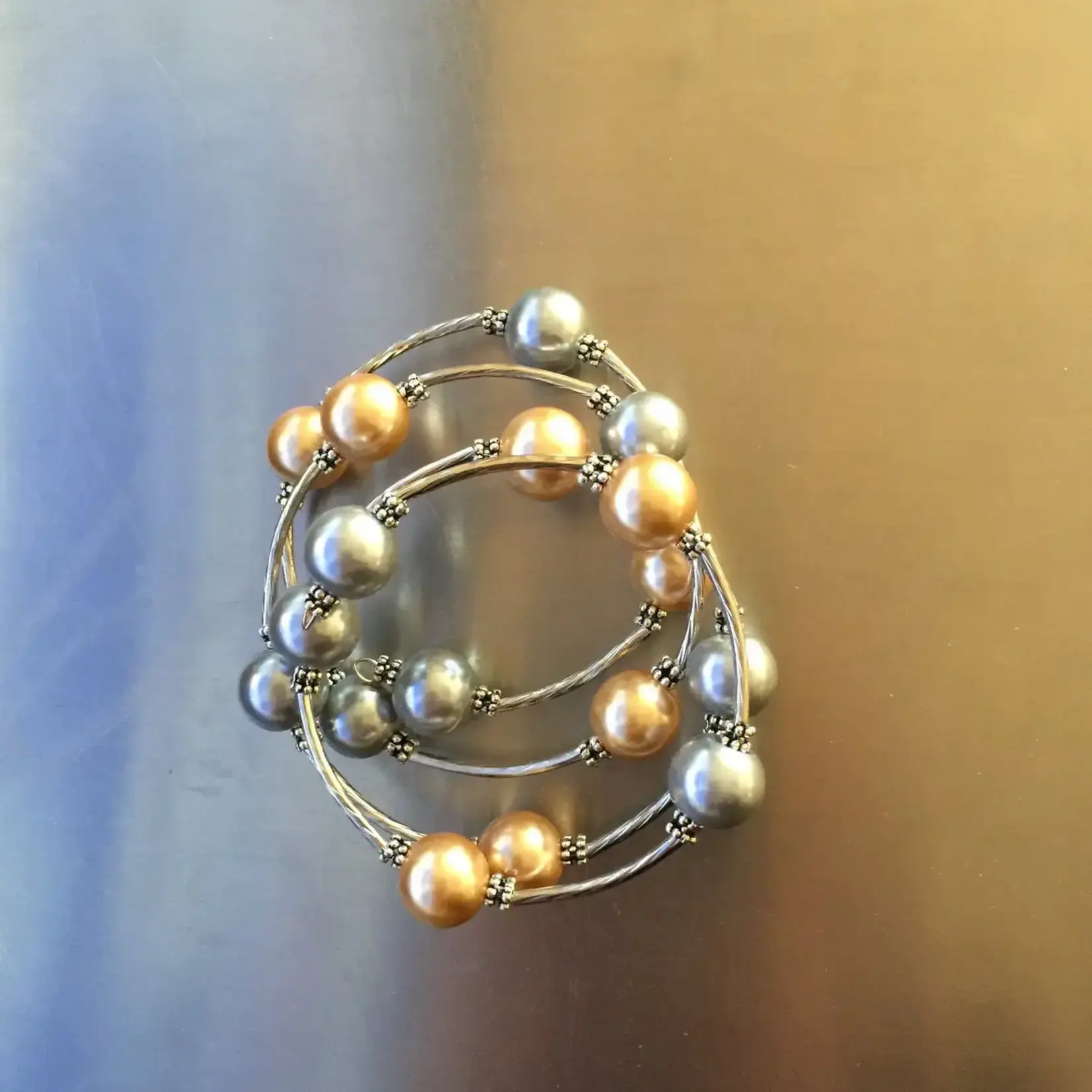 Sea Lily Silver/Champagne Shell Pearl Wrap Beaded Bracelet