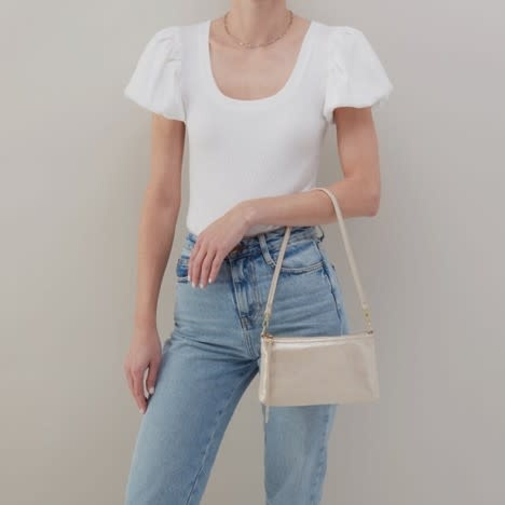 HOBO Darcy Metallic Leather Crossbody in Sand Shimmer