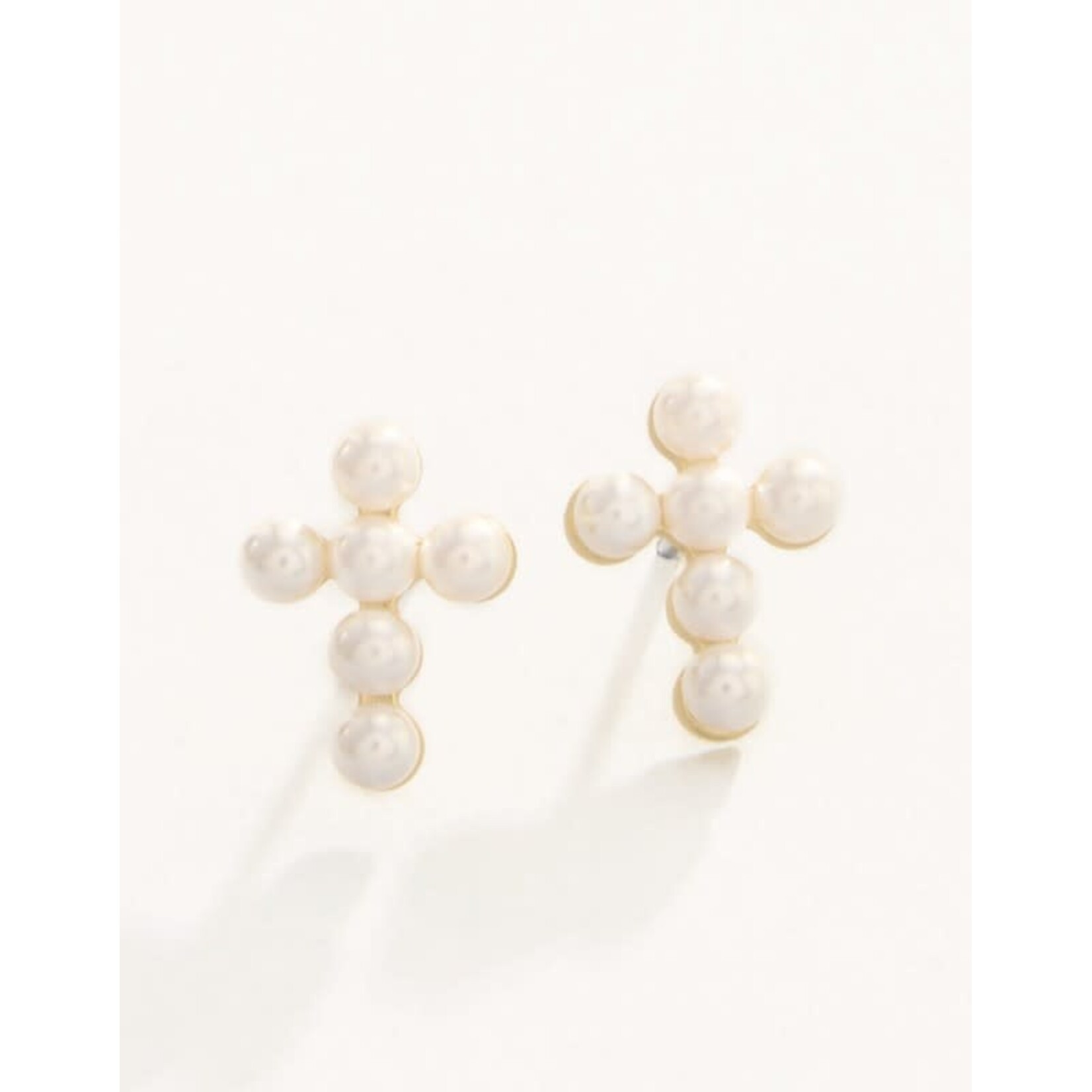 Spartina SLV Stud Earrings Faith/Pearl Cross Gold