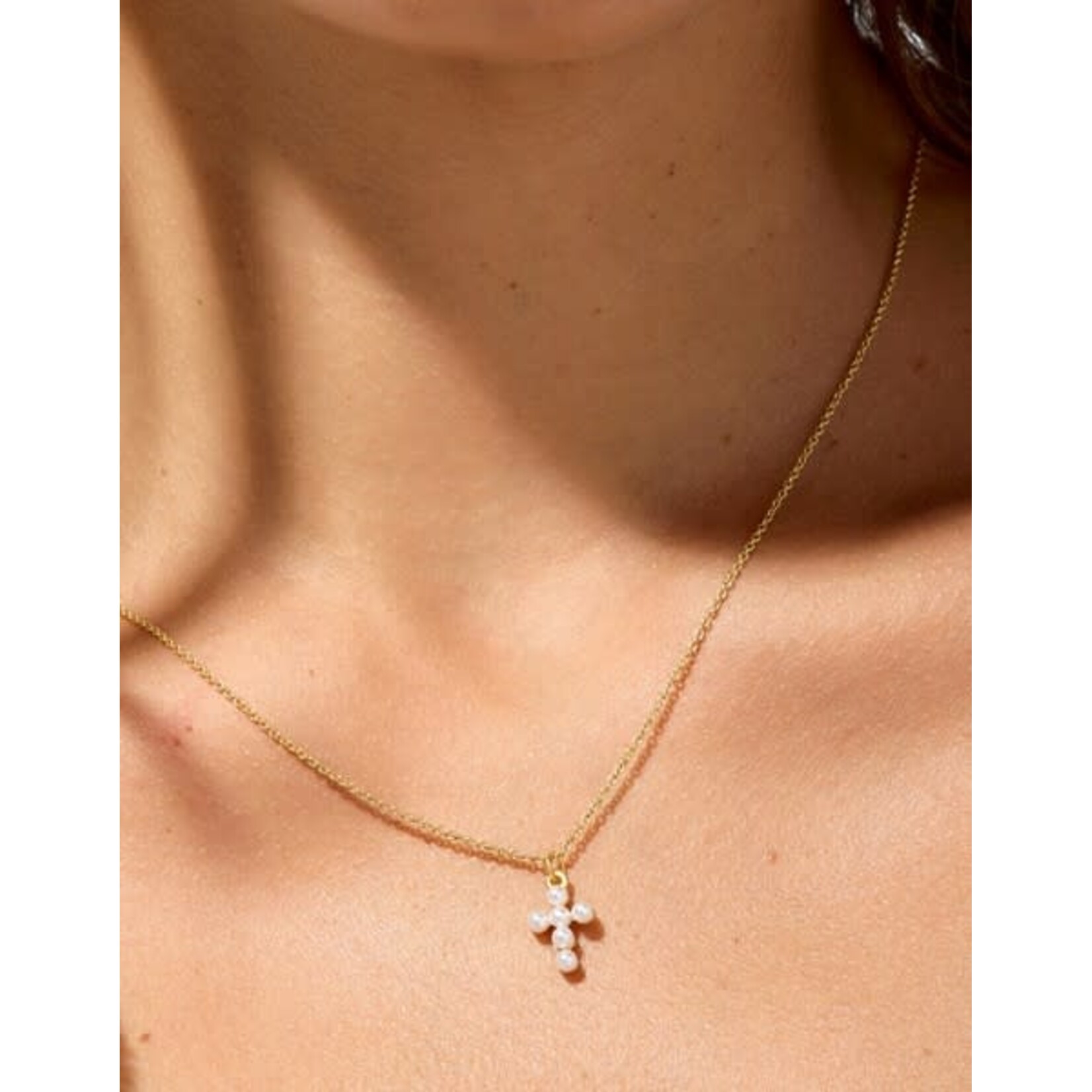 Spartina SLV Necklace 18" Faith/Pearl Cross Gold