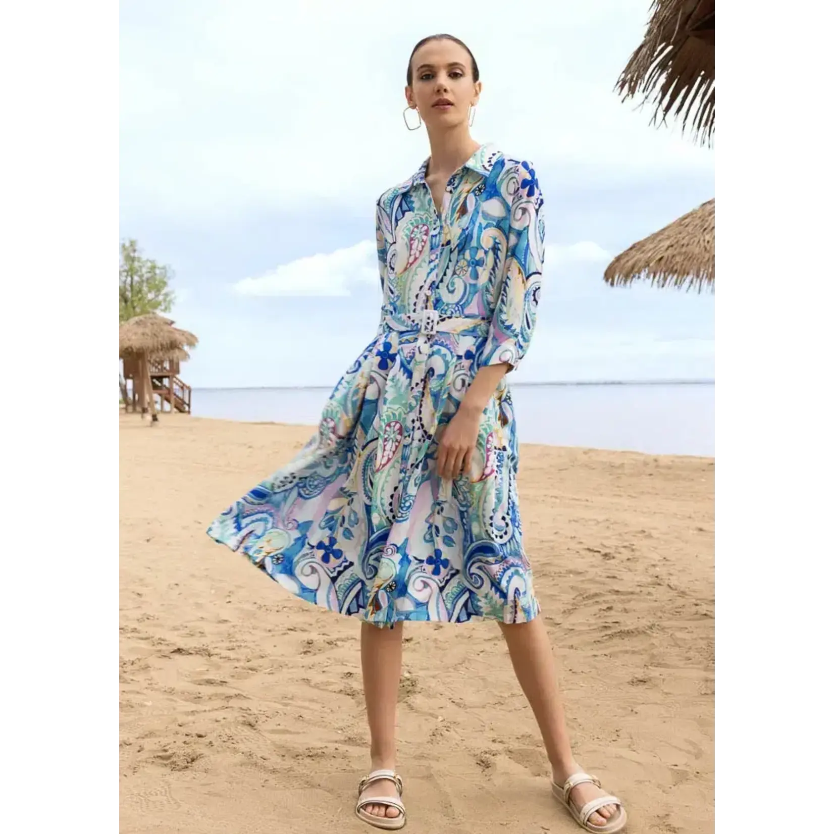 Alison Sheri Blue & Green Paisley 3/4 Slv Belted Dress