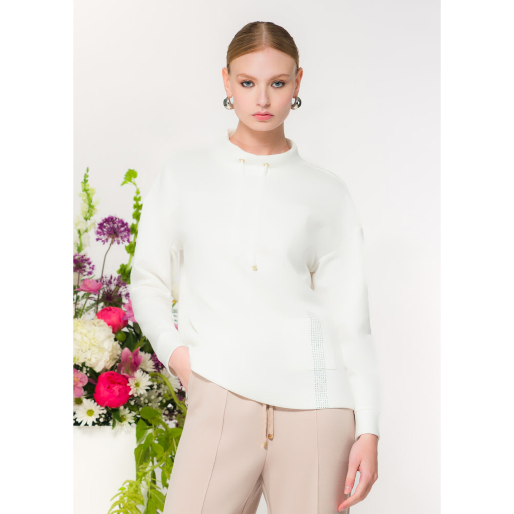 Elena Wang Mock Neck Pullover w/ Drawstring in White