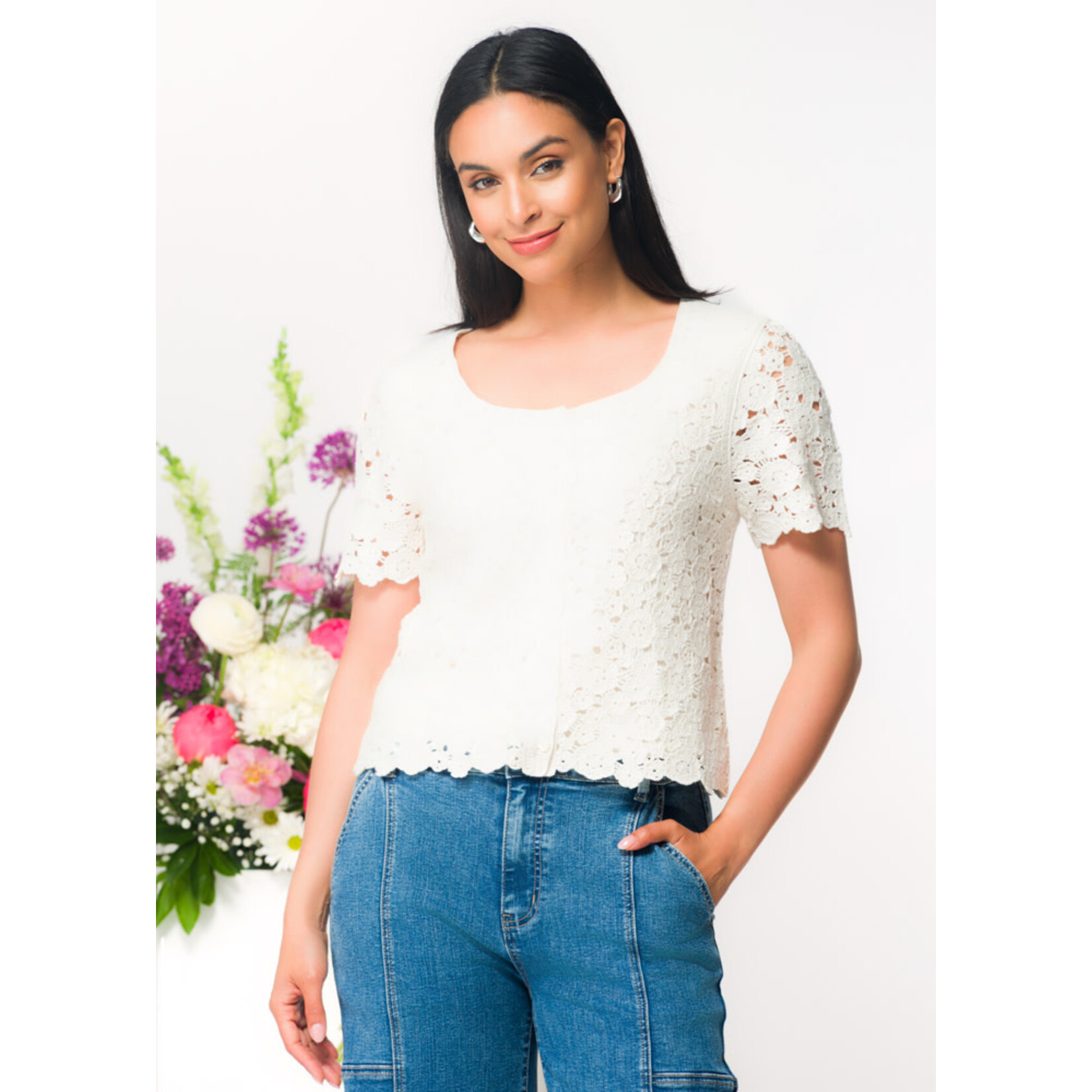 Elena Wang Lace Short Slv Sweater in Sand