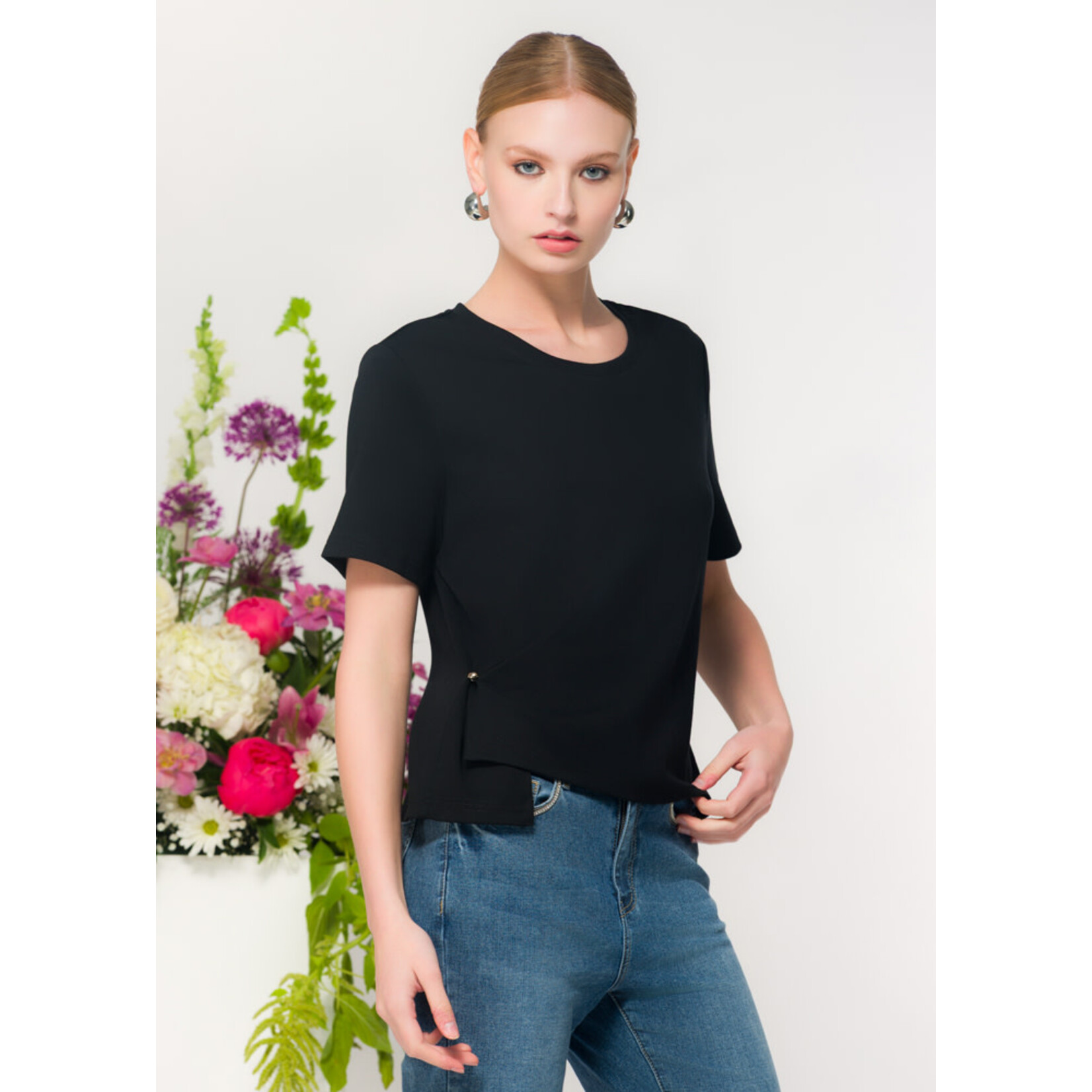 Elena Wang Asymmetrical T-Shirt w/ Button Detail in Black