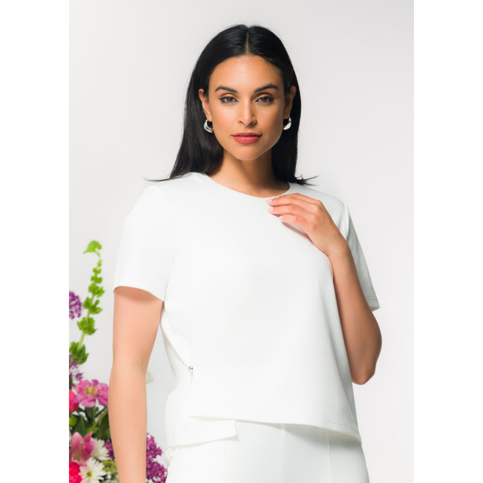 Elena Wang Asymmetrical T-Shirt w/Button Detail in White