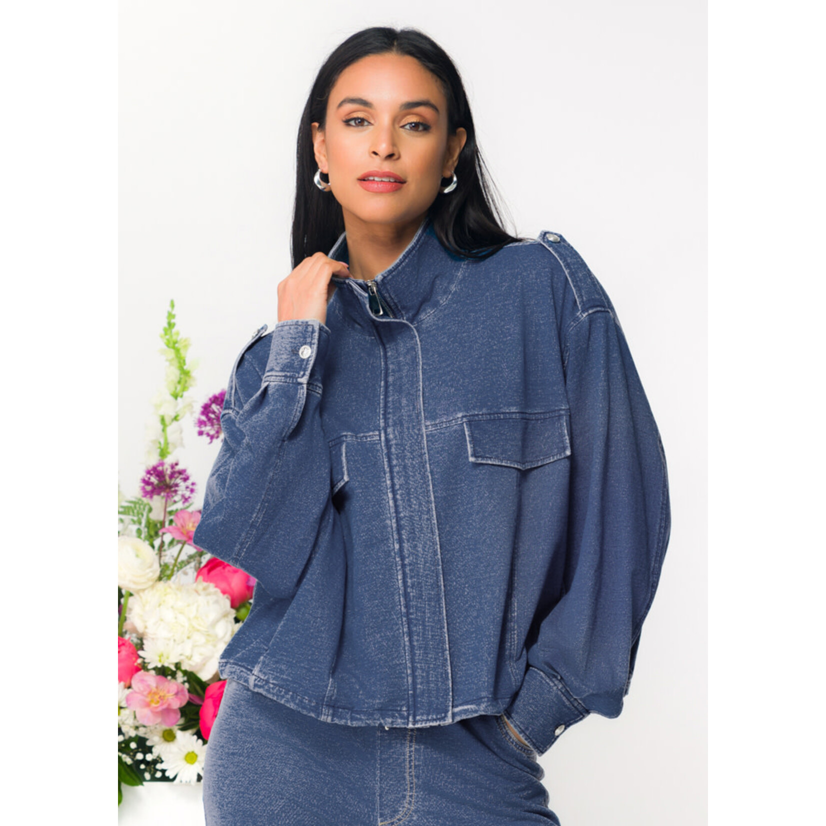 Elena Wang Denim Like Zip-Up Jacket in Denim Blue