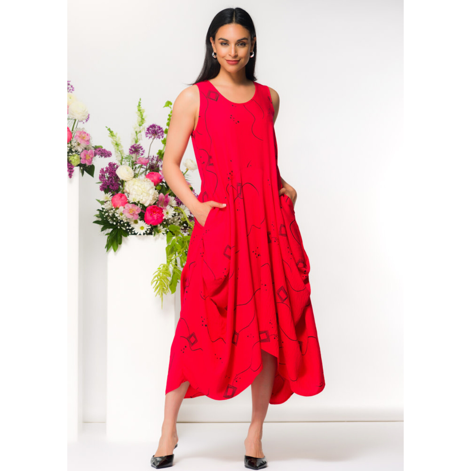 Elena Wang Sharkbite Artistic Print Dress in Red