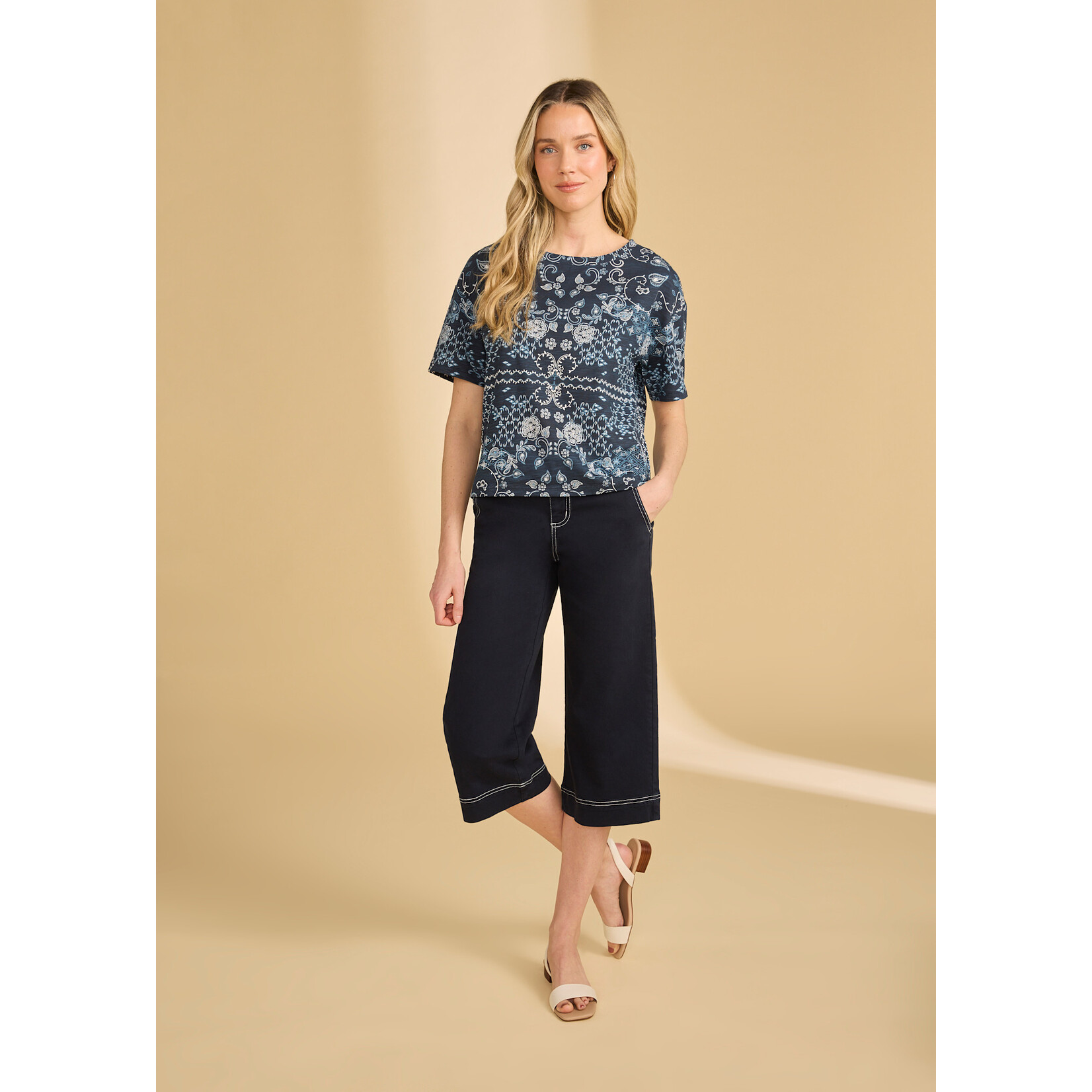 FDJ Short Sleeve Embellished Top in Blue Polynesian