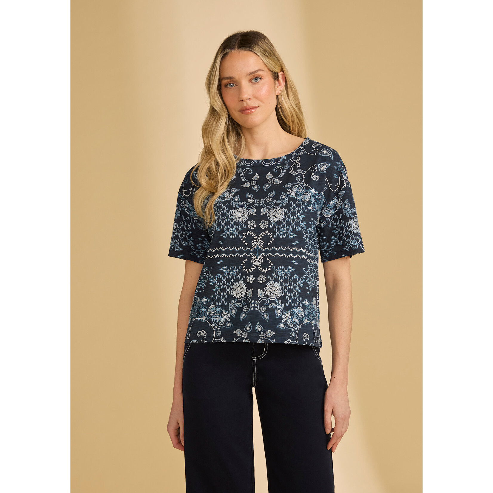 FDJ Short Sleeve Embellished Top in Blue Polynesian