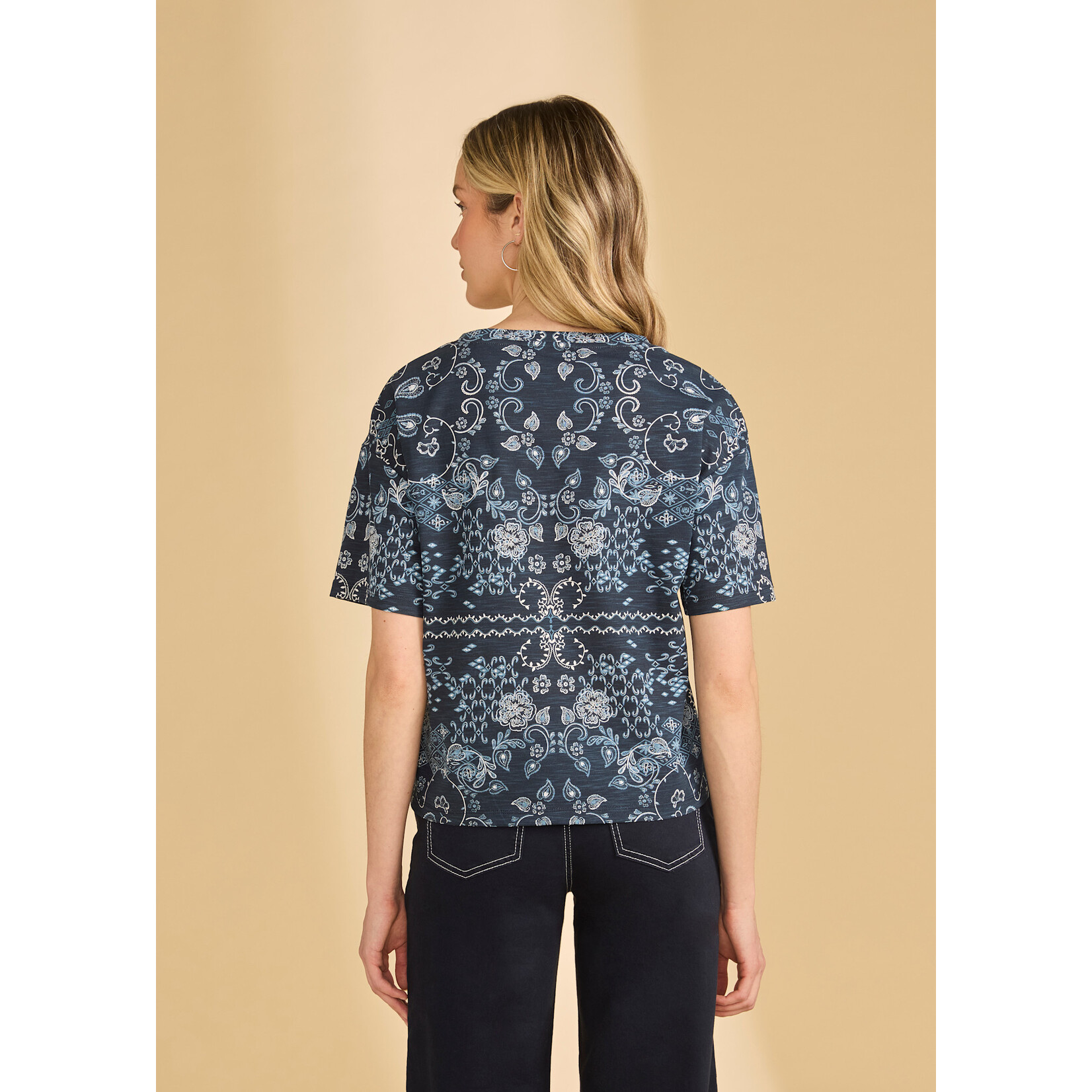 FDJ Short Sleeve Embellished Top in Blue Polynesian
