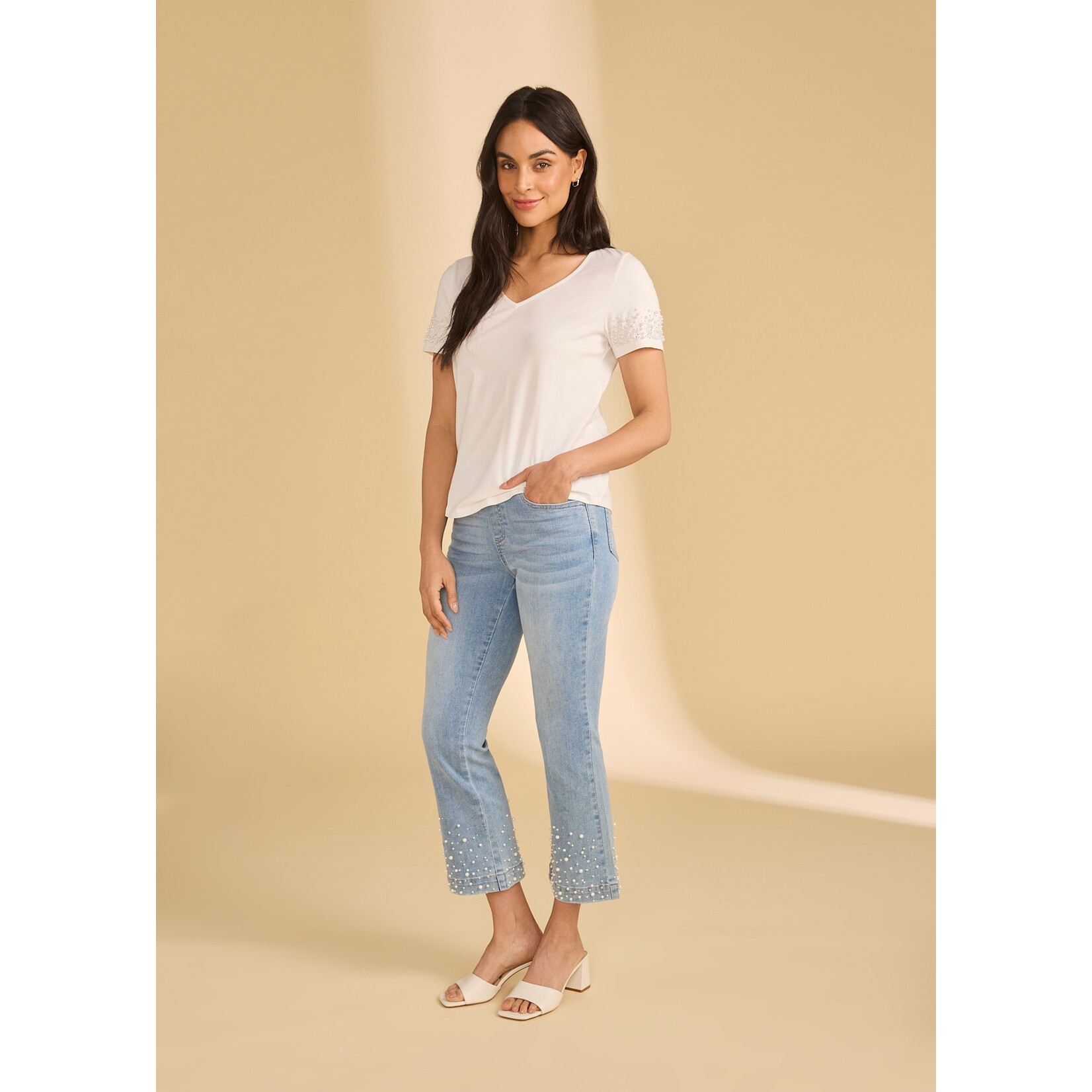 FDJ Pearl Embellished V-Neck Top in White