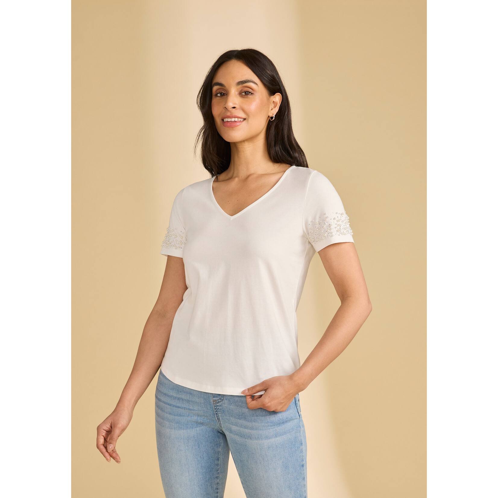 FDJ Pearl Embellished V-Neck Top in White