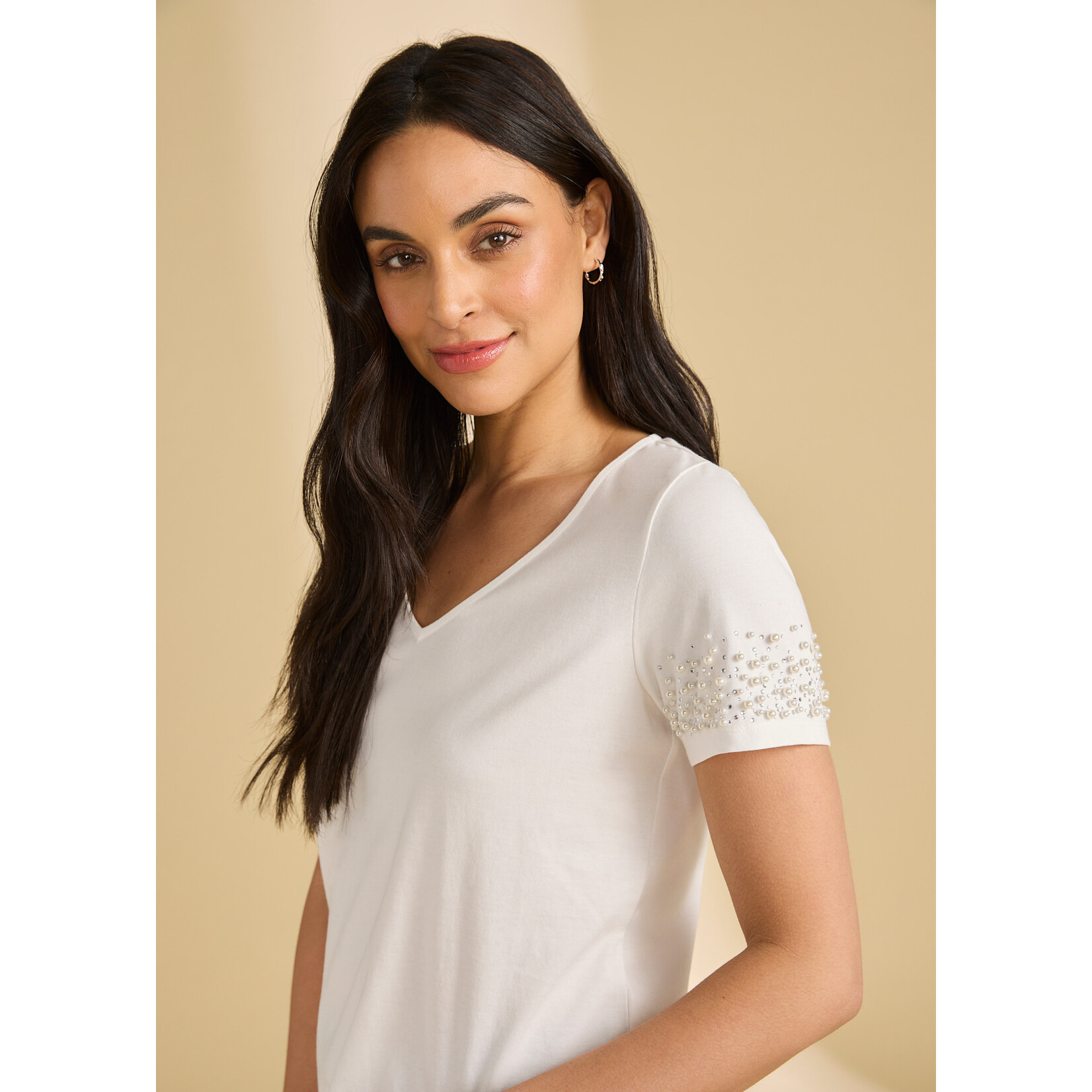 FDJ Pearl Embellished V-Neck Top in White
