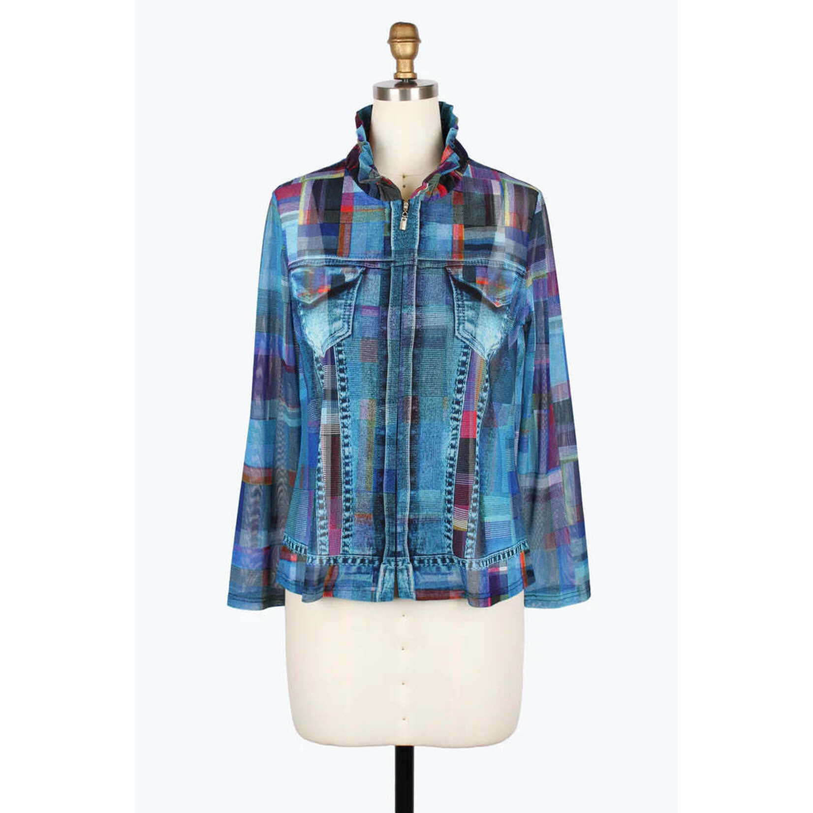 Damee Multi-Plaid Denim Mesh TS in Denim Blue/Multi