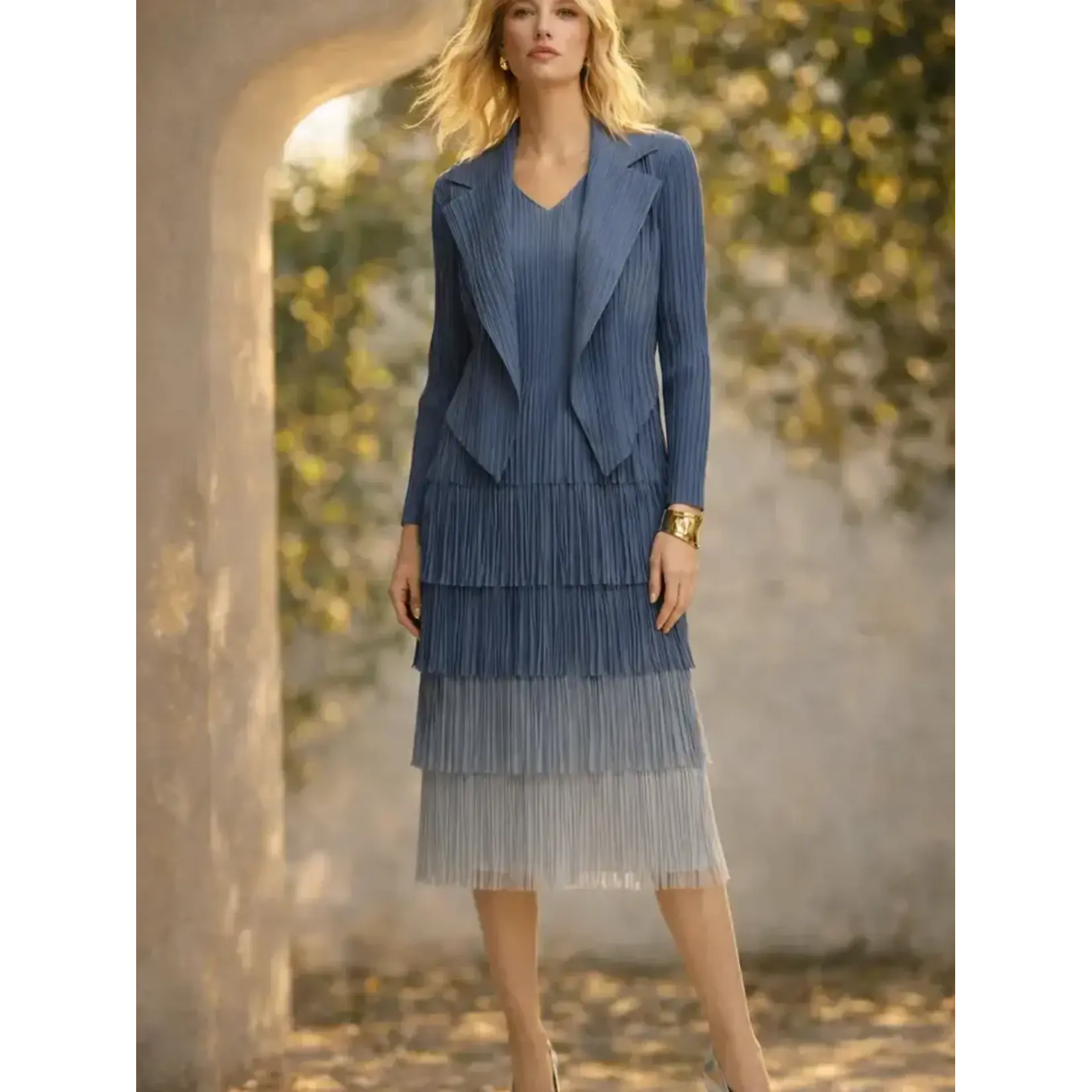 Ellyndale Ombre Pleating w/Fringe Dress in Blue One Size
