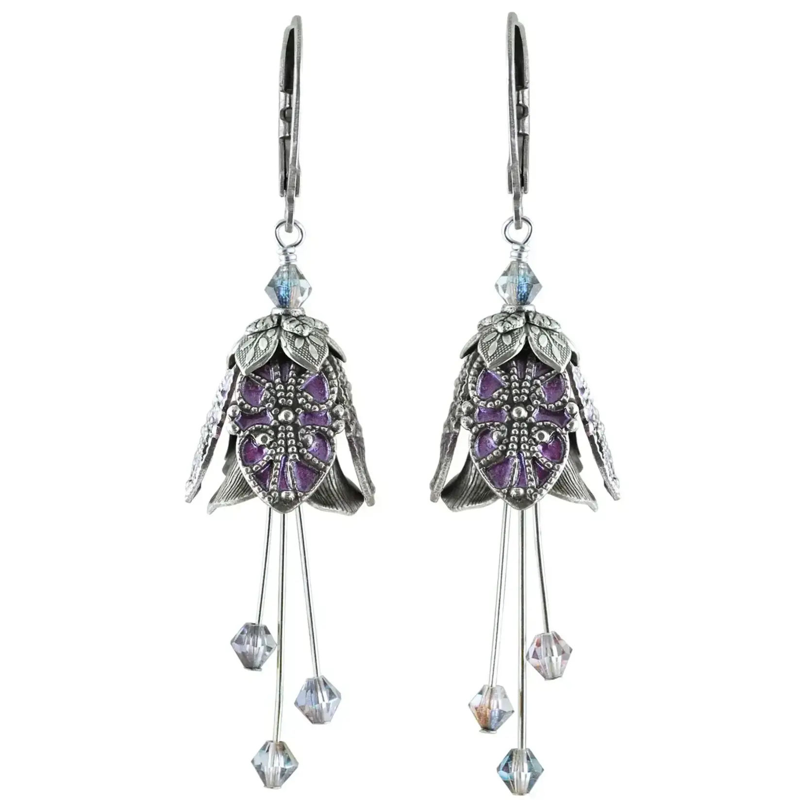 NoMonet Flower Fairy Vintage Filigree Earrings w/ Crystals in Silver/Purple