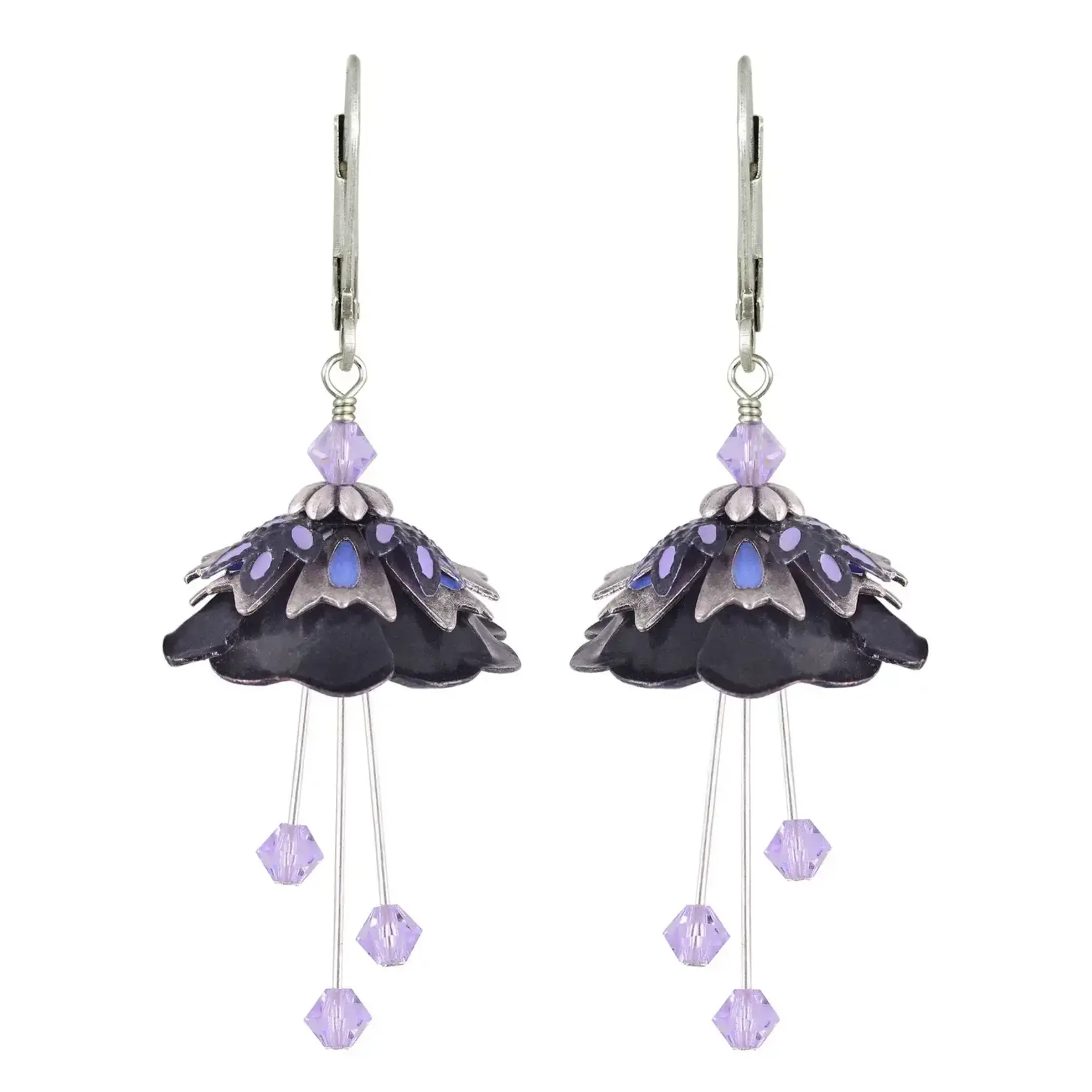 NoMonet Flower Fairy: Painted Wild Flower Bloom Earrings W Crystals Purple
