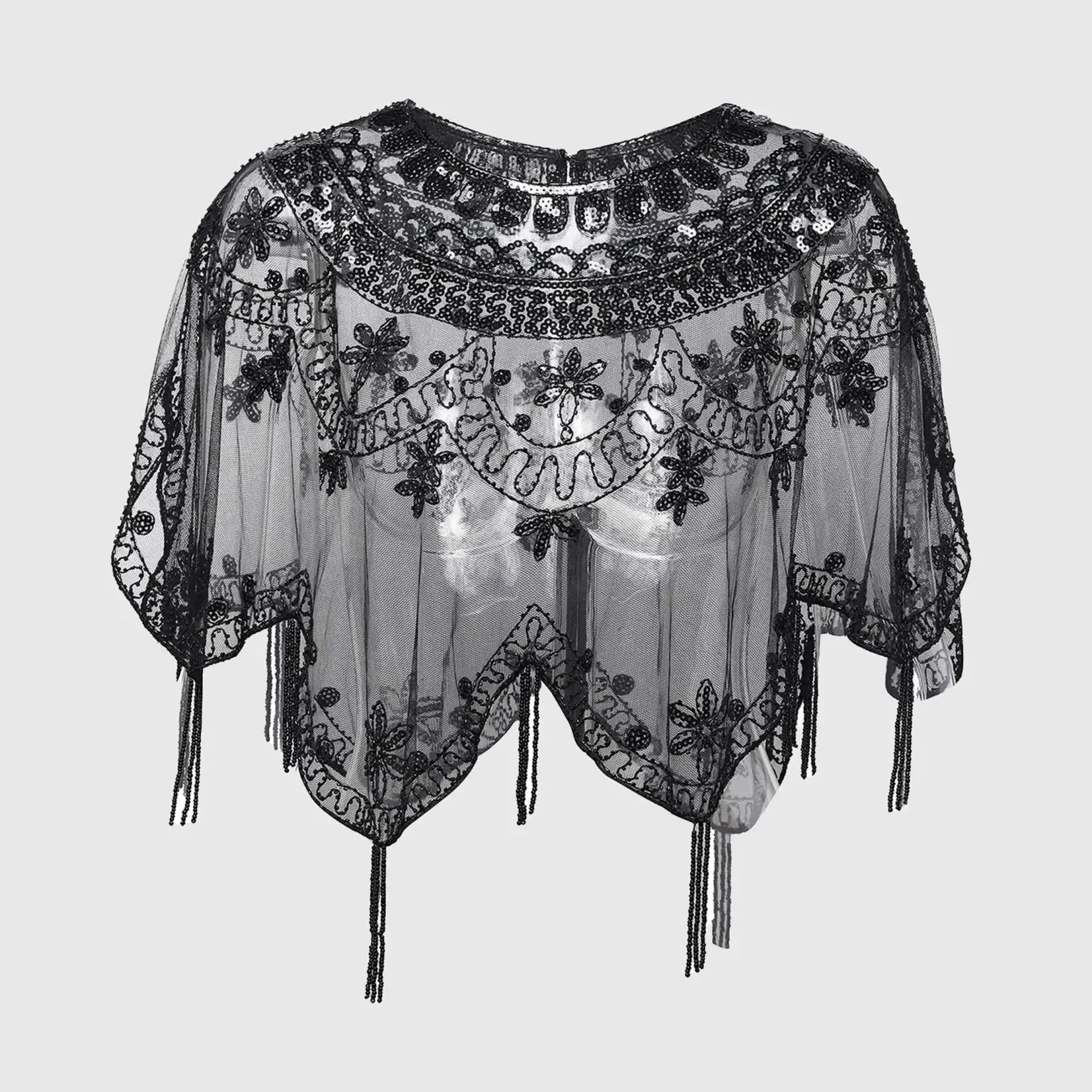 Babeyond 1920s Beaded Sequin Tassel Shawl Blk