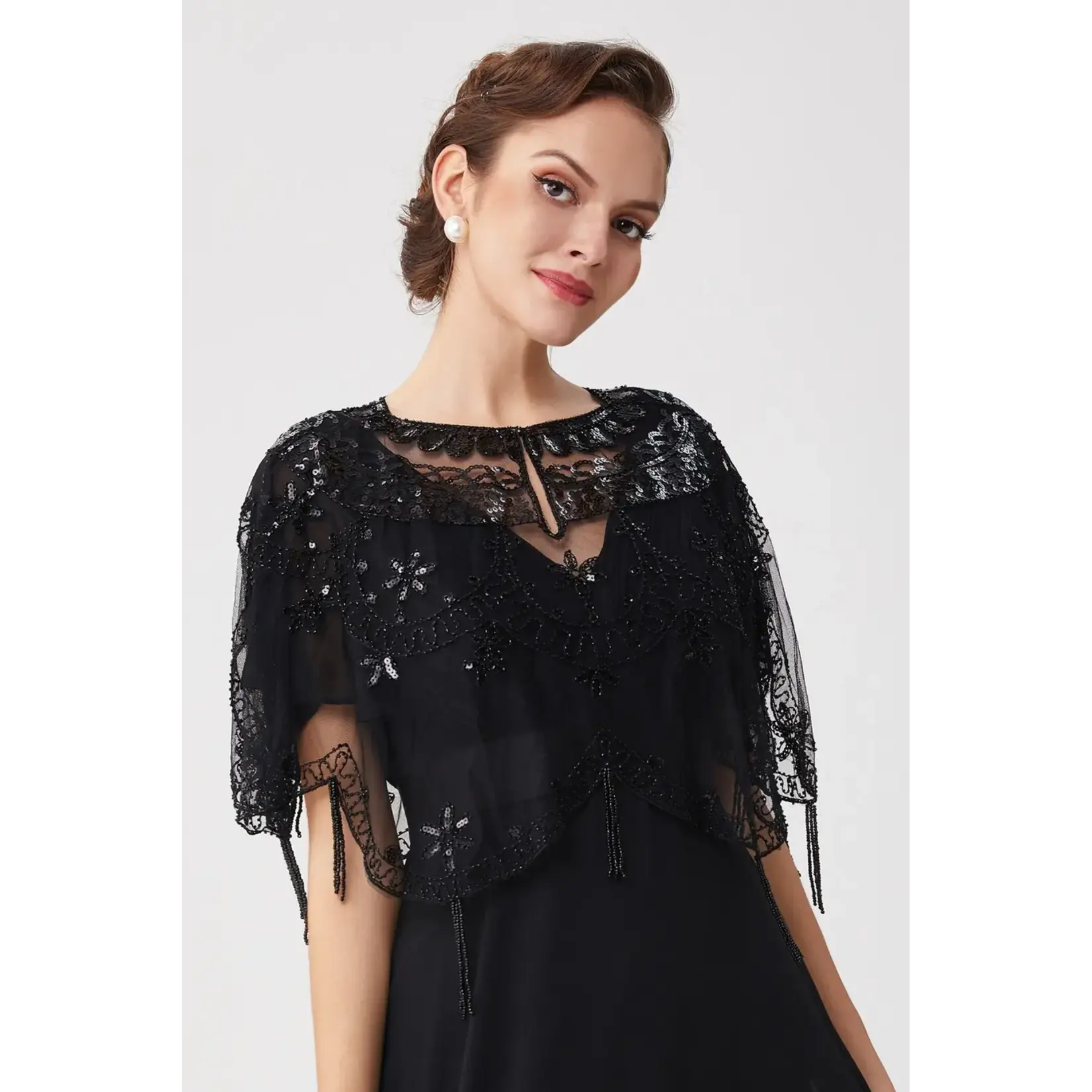 Babeyond 1920s Beaded Sequin Tassel Shawl Blk