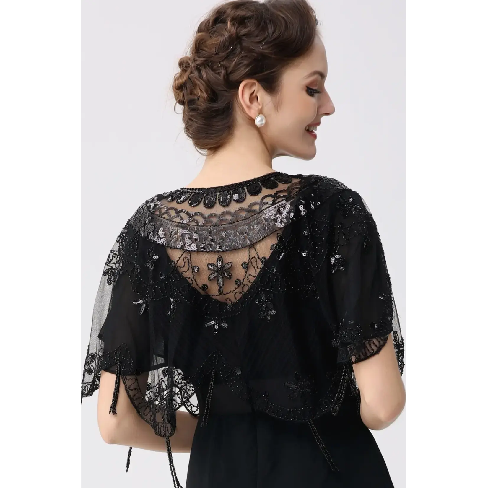 Babeyond 1920s Beaded Sequin Tassel Shawl Blk