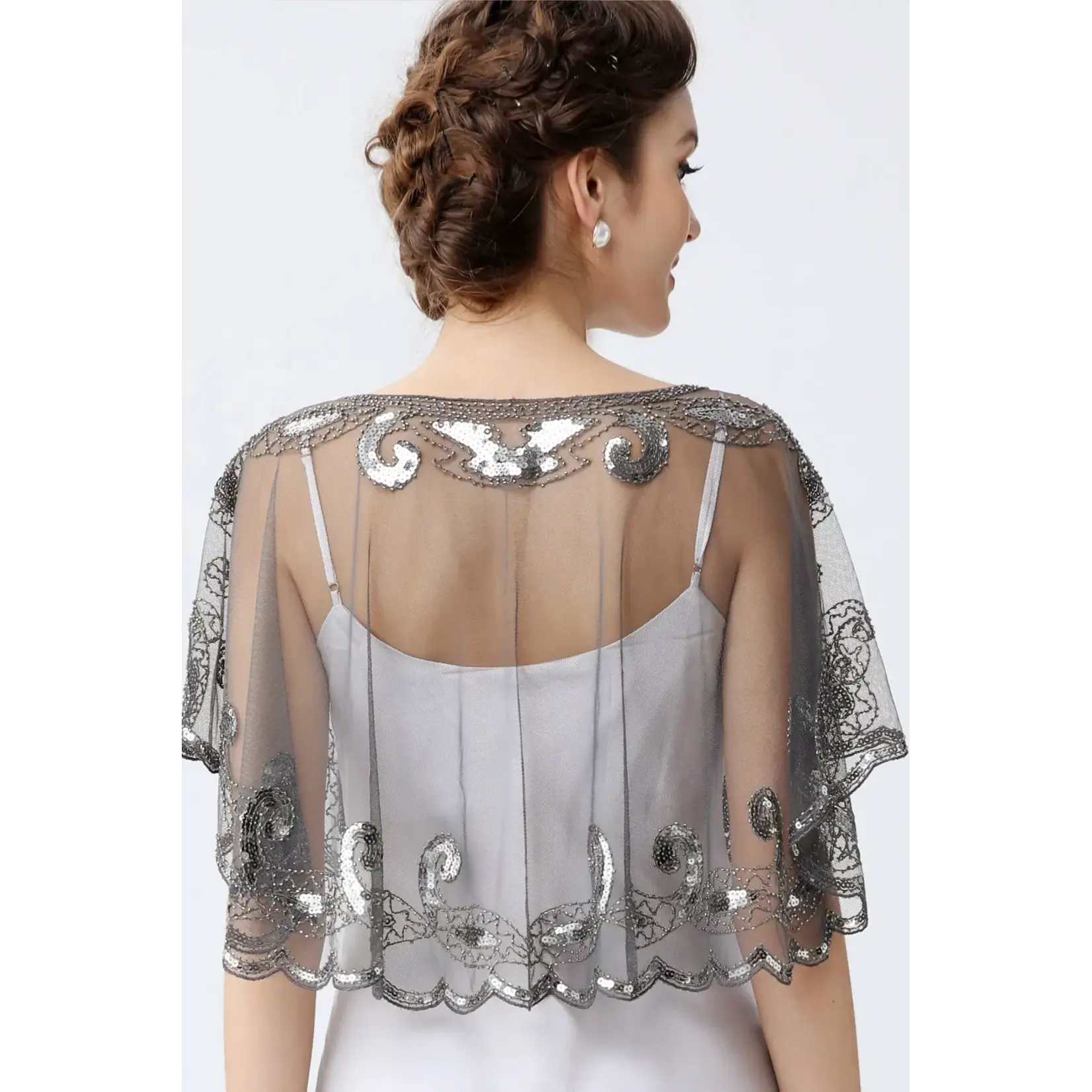 Babeyond 1920s Sequin Beaded Gatsby Shawl GryGrn