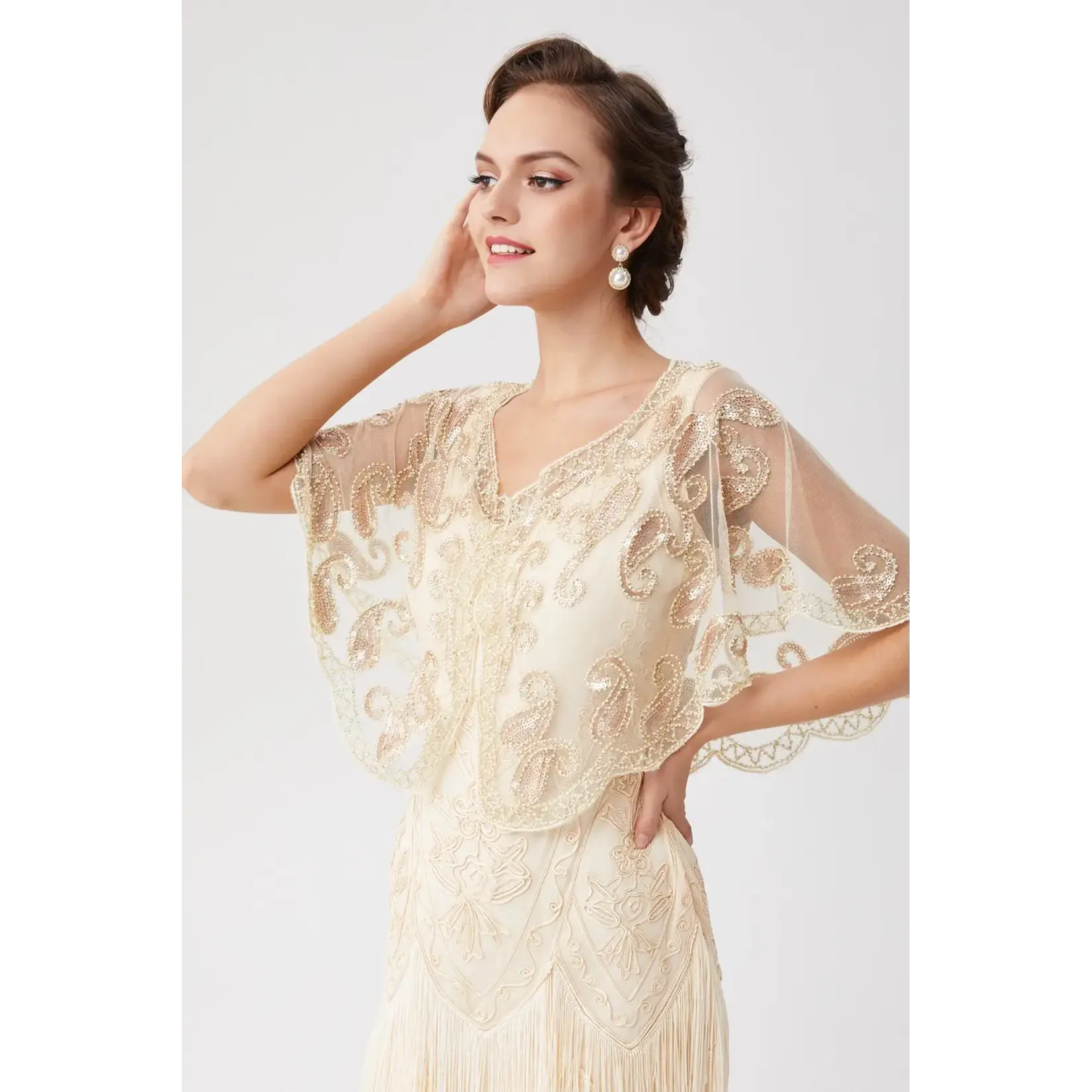 Babeyond 1920s Sequin Beaded Gatsby Shawl Sand
