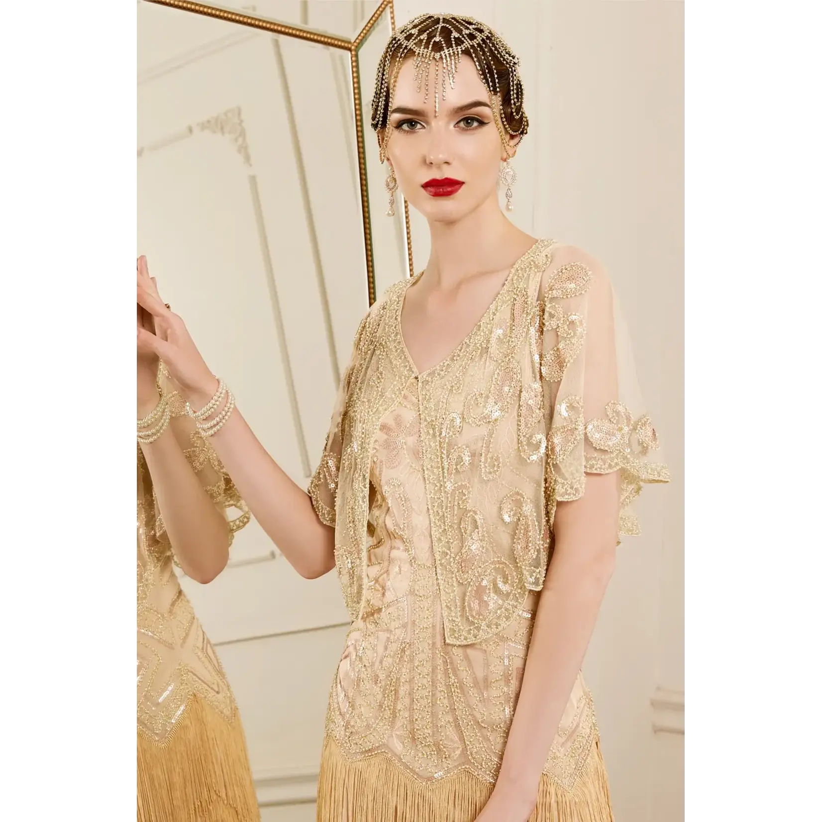 Babeyond 1920s Sequin Beaded Gatsby Shawl Sand